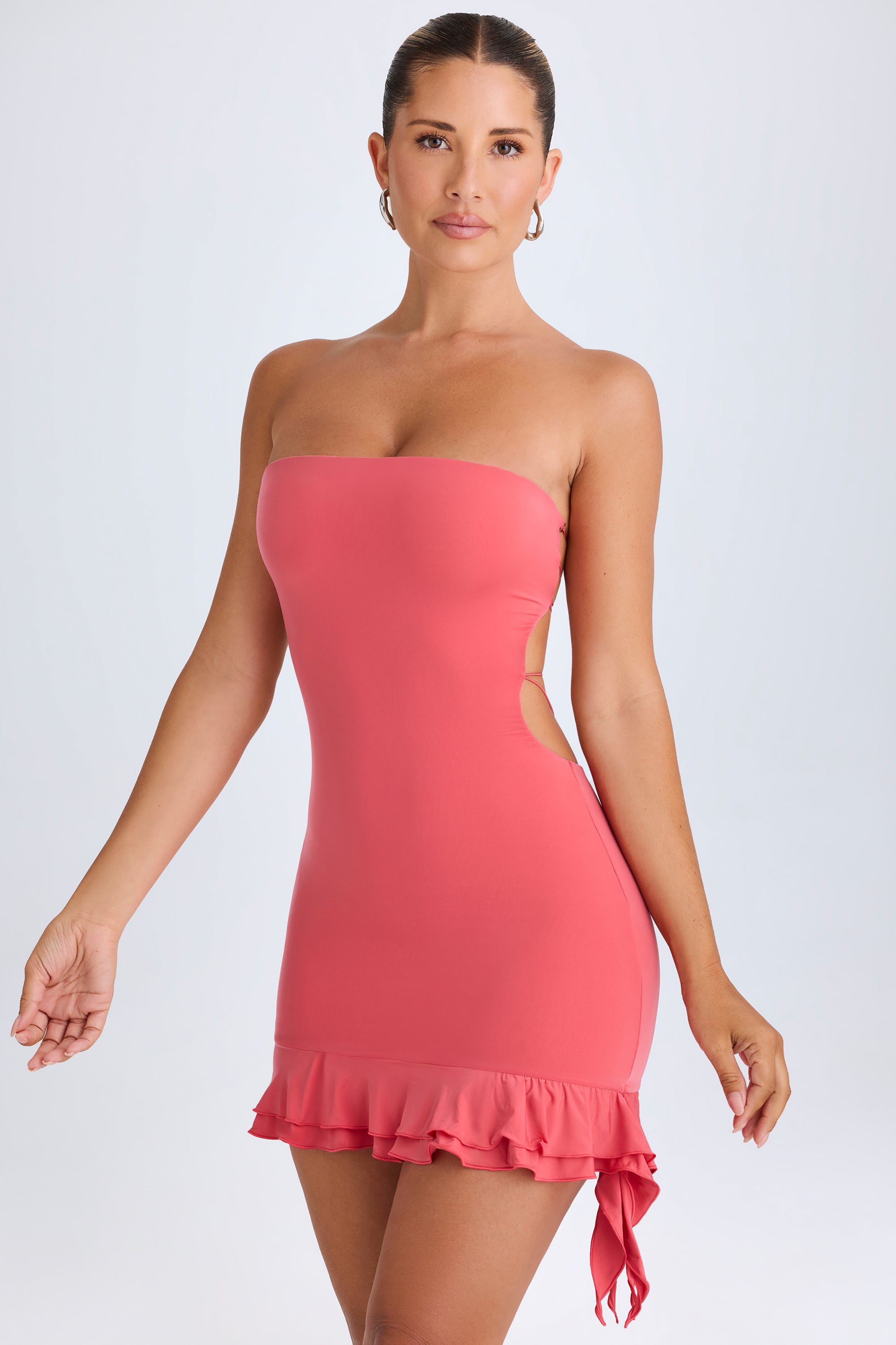 Misa Ruffle-Trim Cut-Out Bandeau Mini Dress in Coral | Oh Polly Misa Ruffle-Trim Cut-Out Bandeau Mini Dress in Coral | Oh Polly