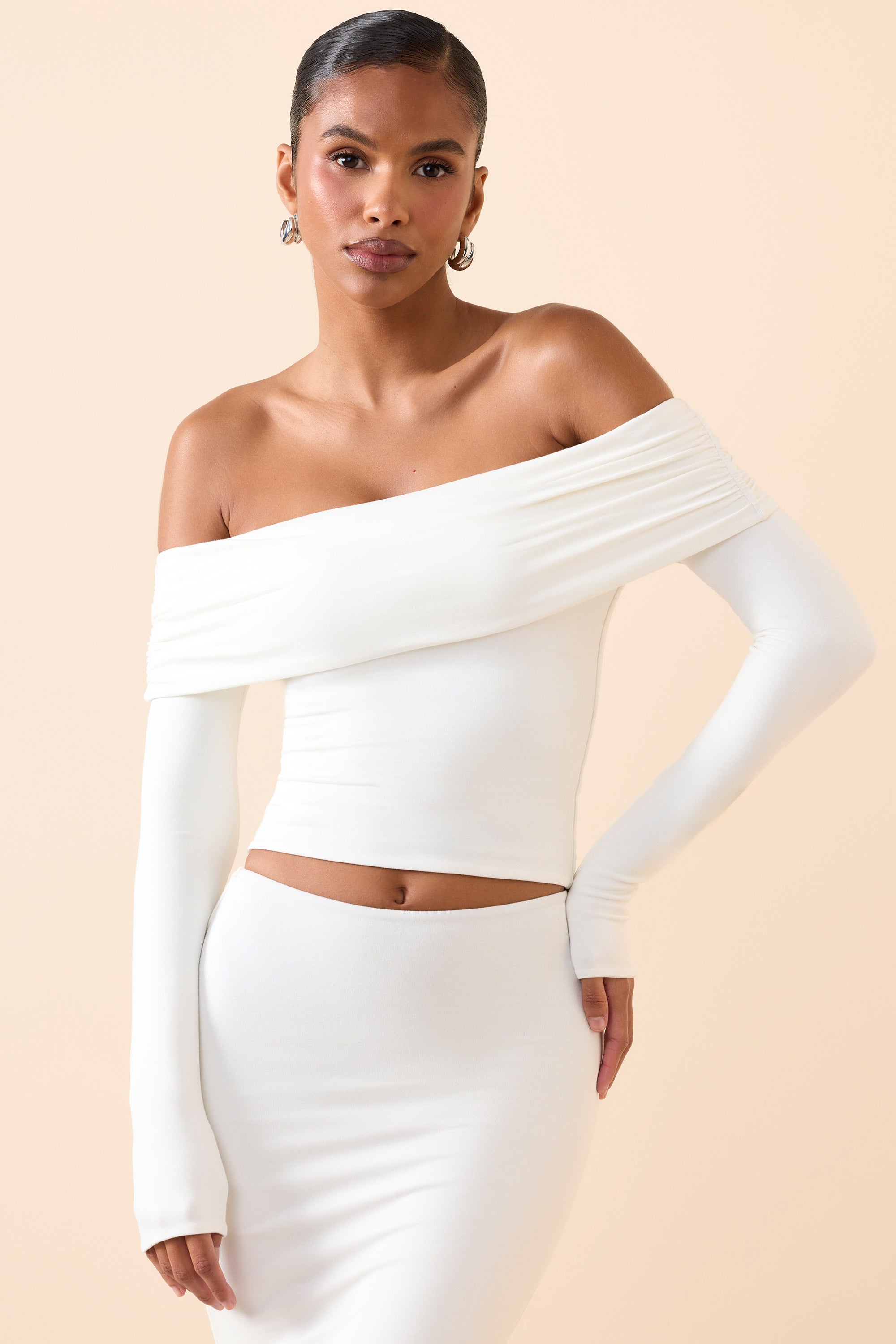 Kesia Modal Off-Shoulder Long-Sleeve Top in White Oh Polly