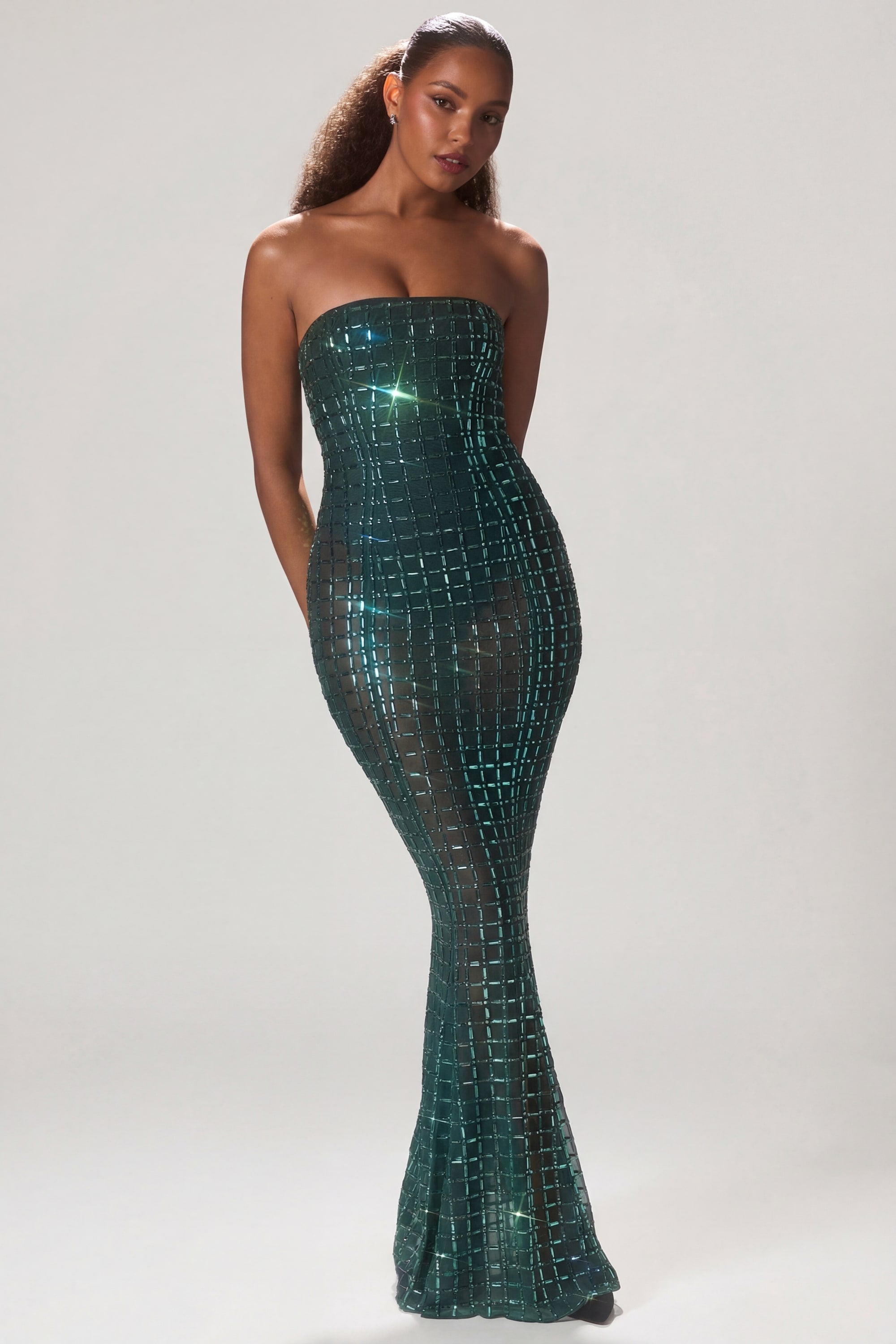slim fit dress slacks Marleni Embellished Strapless Gown in Emerald Green