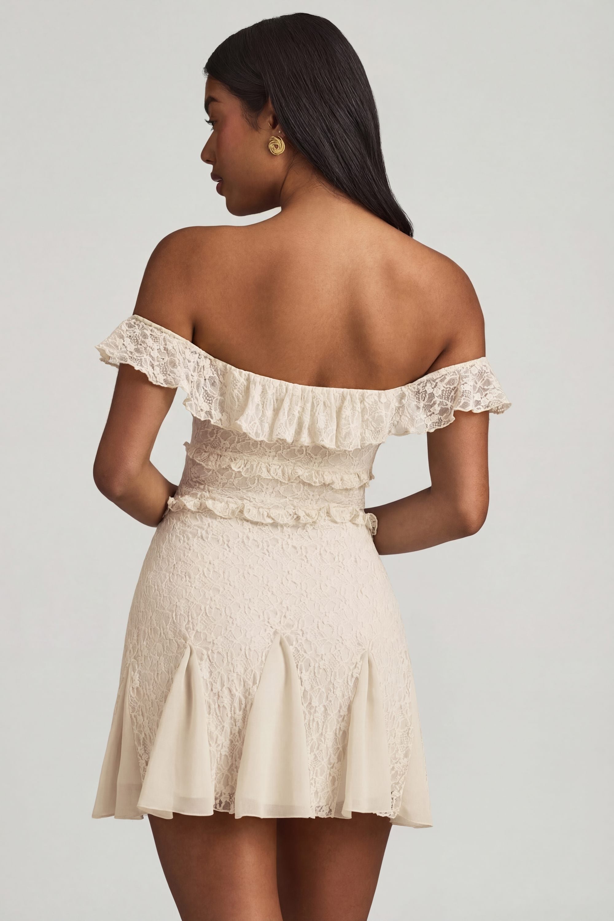 embellished lace-up off-shoulder mini dress Nahida Off-Shoulder Lace A-Line Mini Dress in Ivory