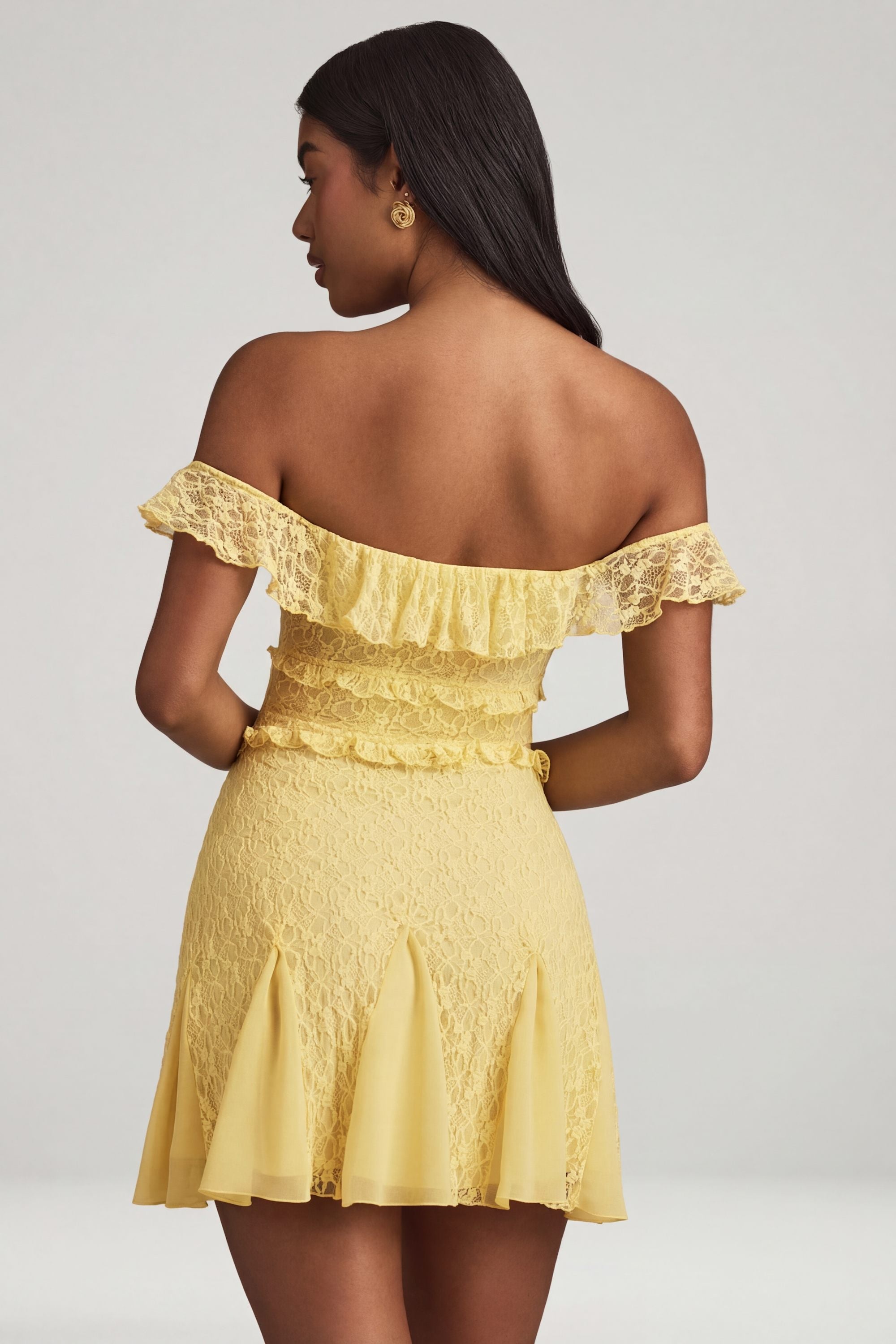 Nahida Off-Shoulder Lace A-Line Mini Dress in Pastel Yellow