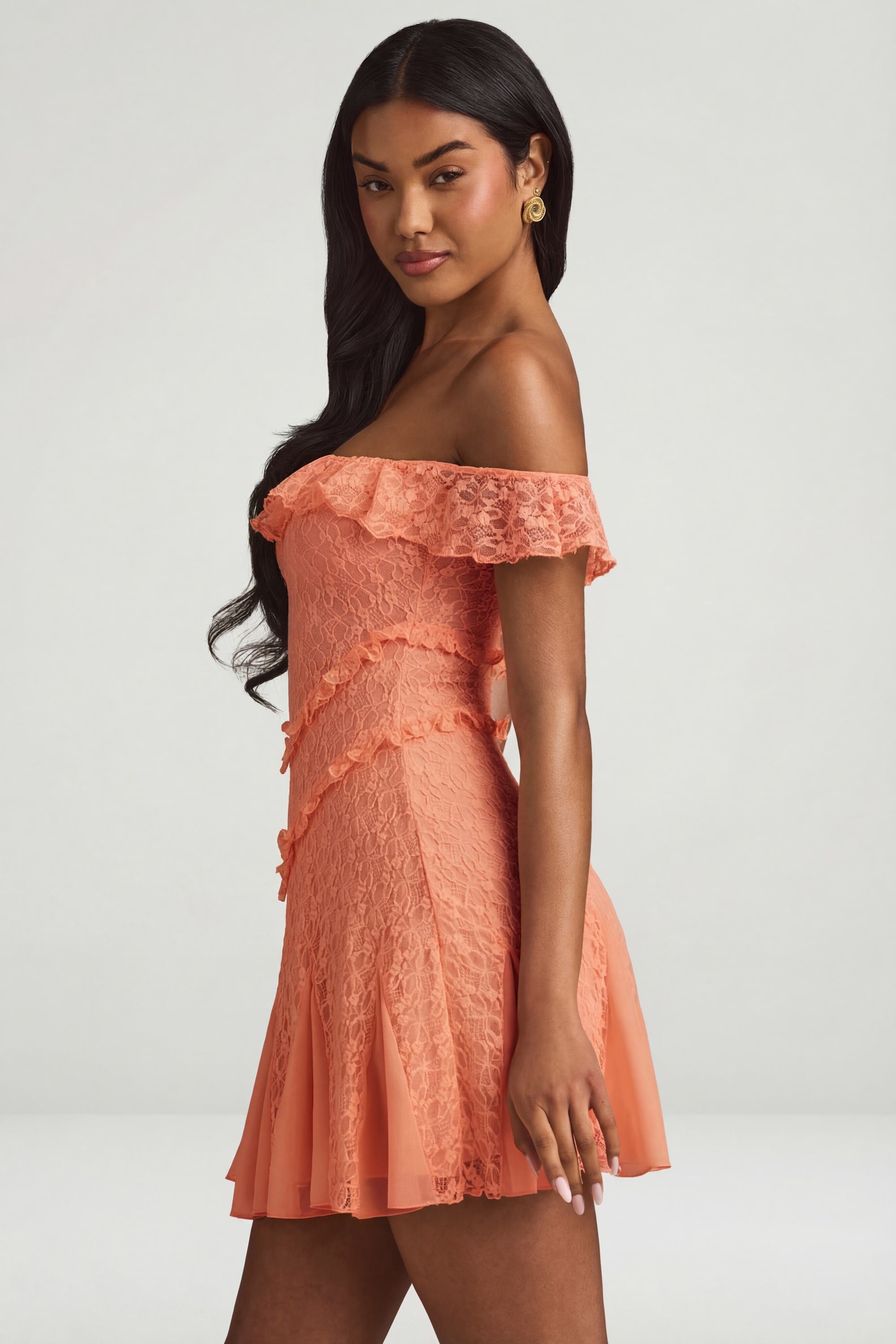 Nahida Off-Shoulder Lace A-Line Mini Dress in Peach | Oh Polly