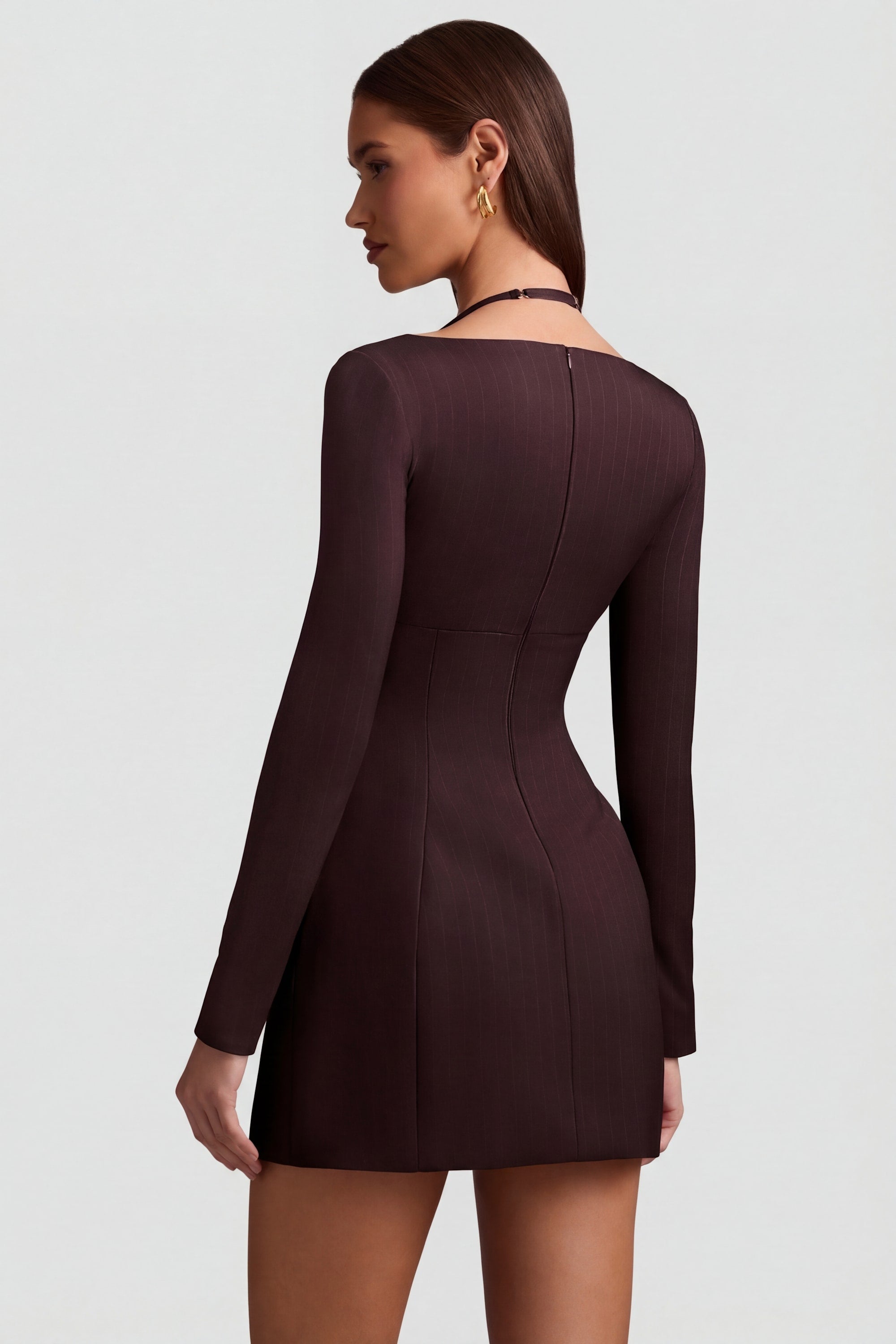 Ksenia Pinstripe Structured A-Line Mini Dress in Chocolate Brown