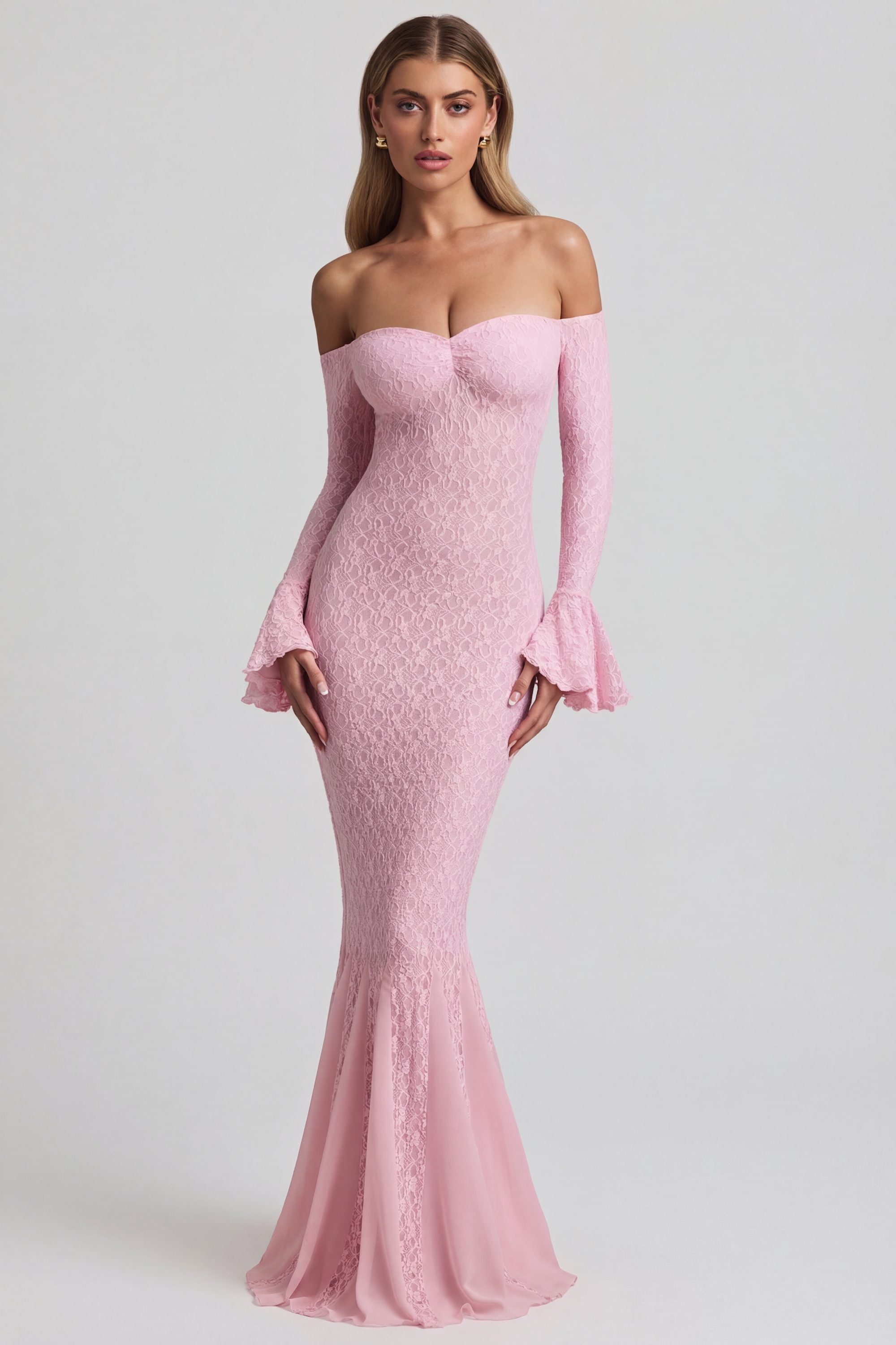 Verena Off-Shoulder Ruffle Lace Maxi Dress in Soft Pink | Oh Polly Verena Off-Shoulder Ruffle Lace Maxi Dress in Soft Pink | Oh Polly