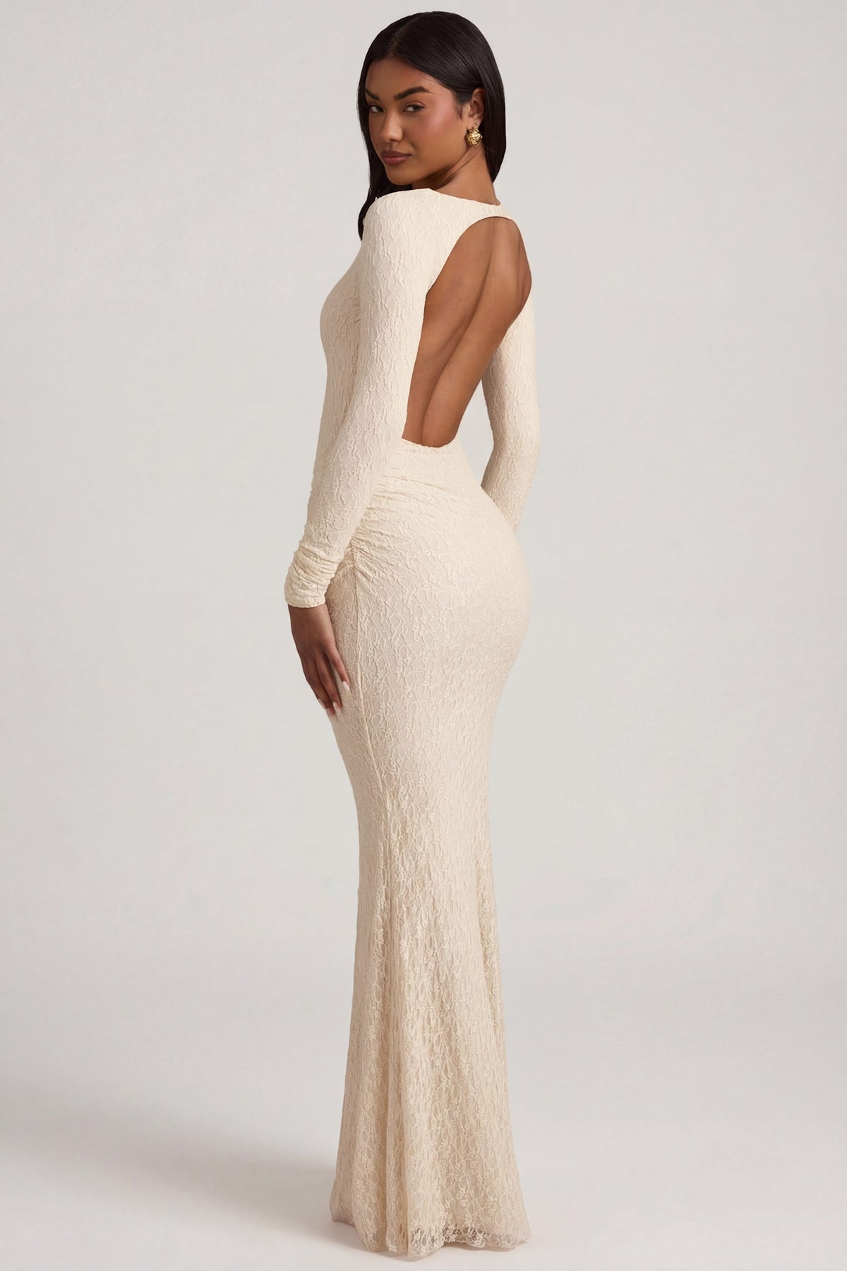 Tarini Ruched Backless Lace Maxi Dress in Ivory
