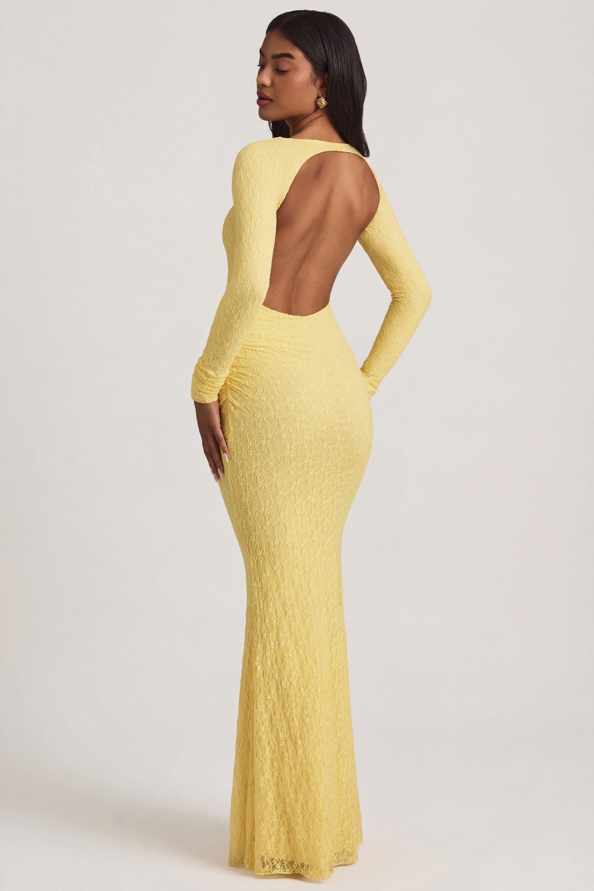 Tarini Ruched Backless Lace Maxi Dress in Pastel Yellow