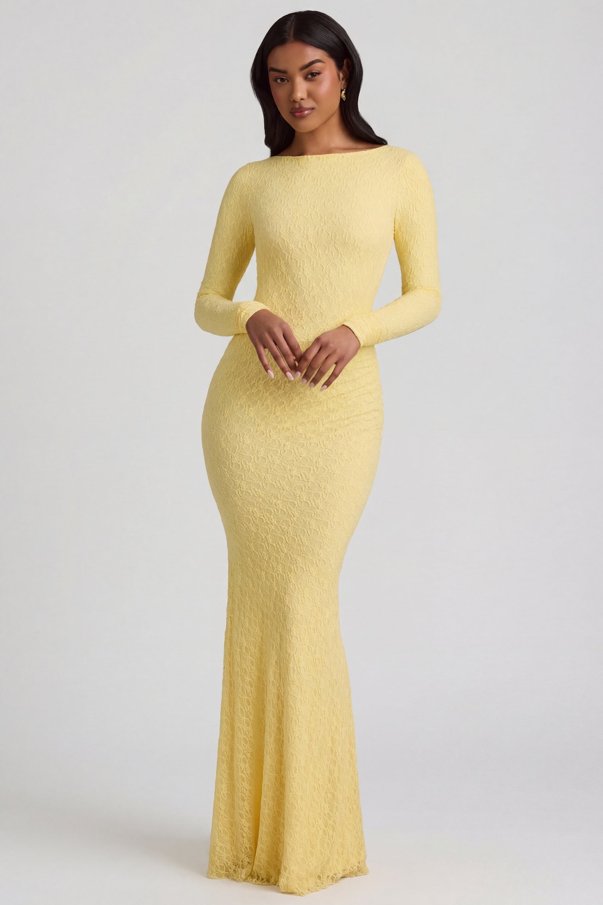 Tarini Ruched Backless Lace Maxi Dress in Pastel Yellow Tarini Ruched Backless Lace Maxi Dress in Pastel Yellow