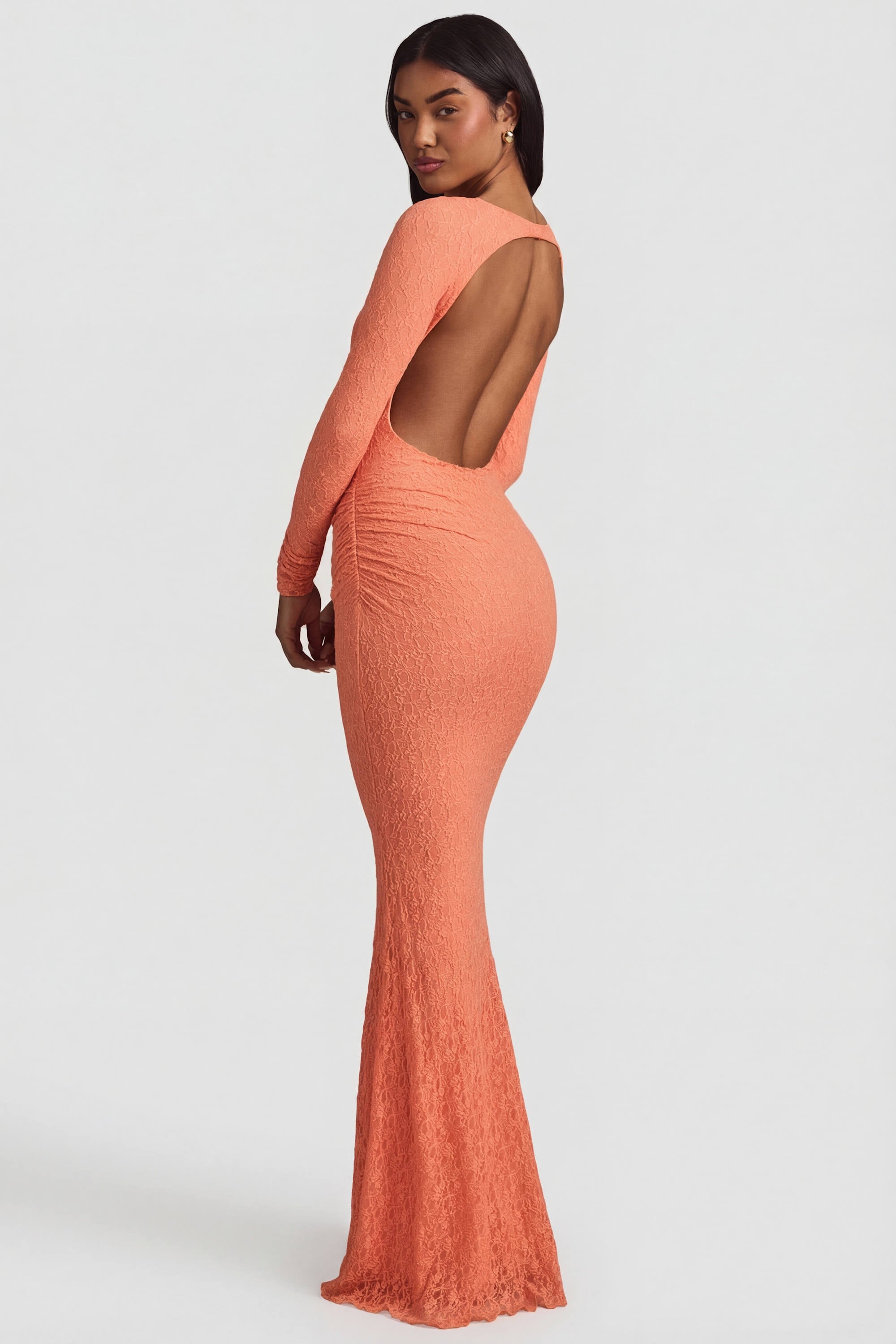 Tarini Ruched Backless Lace Maxi Dress in Peach