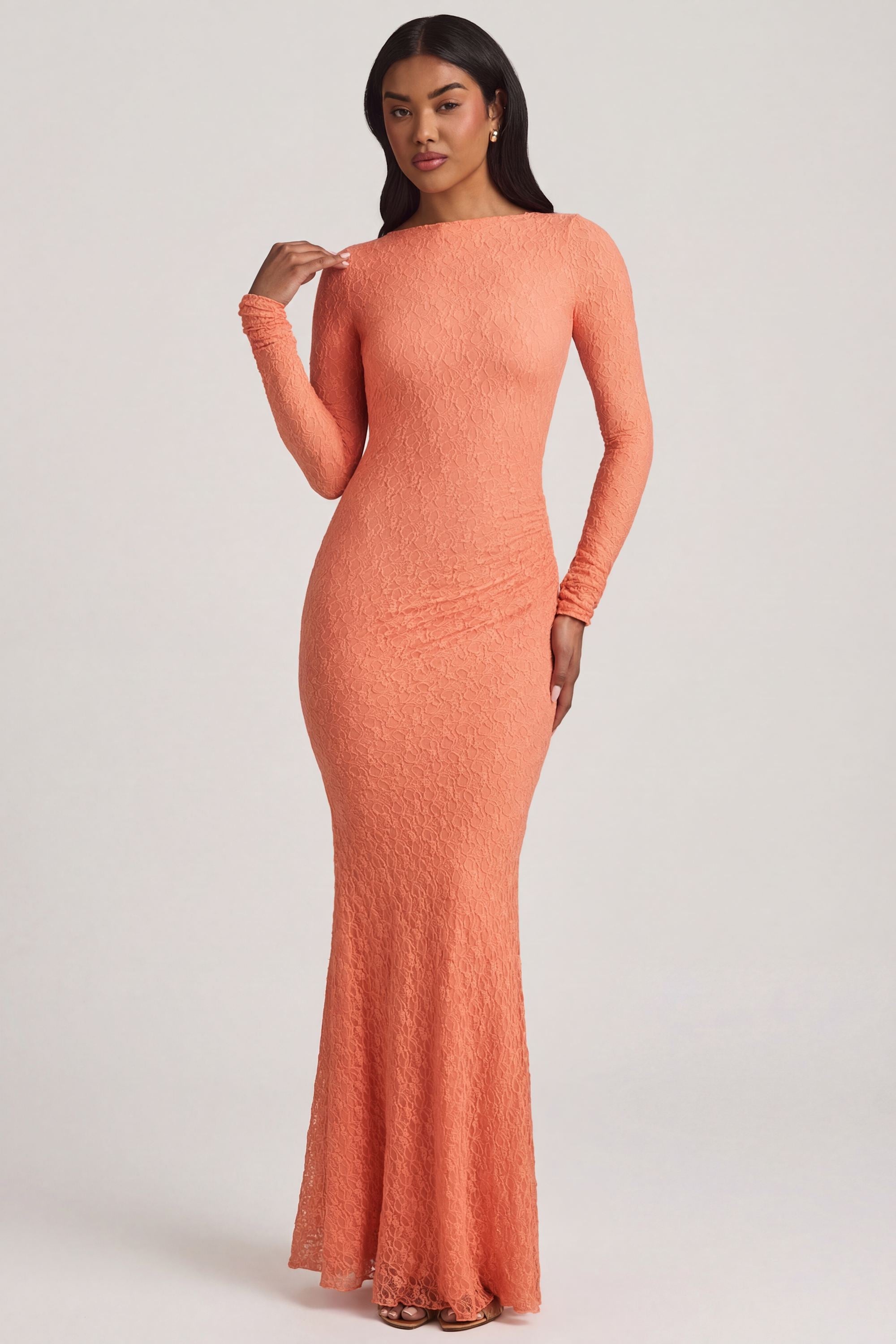 Tarini Ruched Backless Lace Maxi Dress in Peach | Oh Polly Tarini Ruched Backless Lace Maxi Dress in Peach | Oh Polly