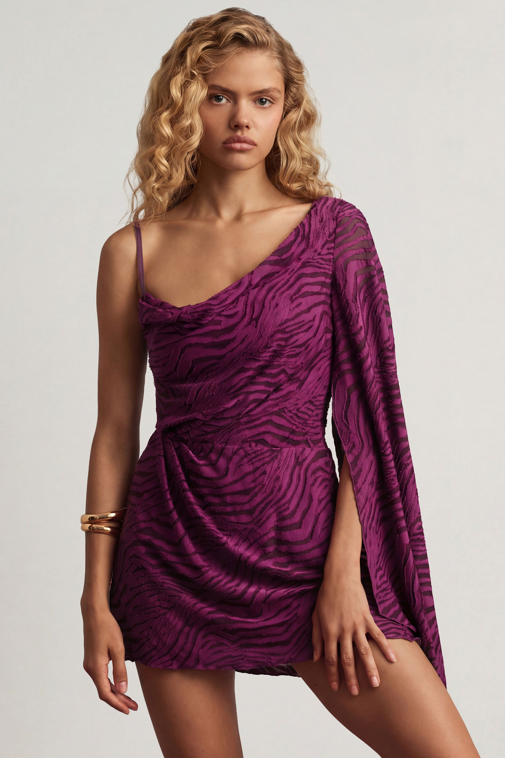berry loraine mini dress Angelie Devoré One-Sleeve A-Line Mini Dress in Berry Purple
