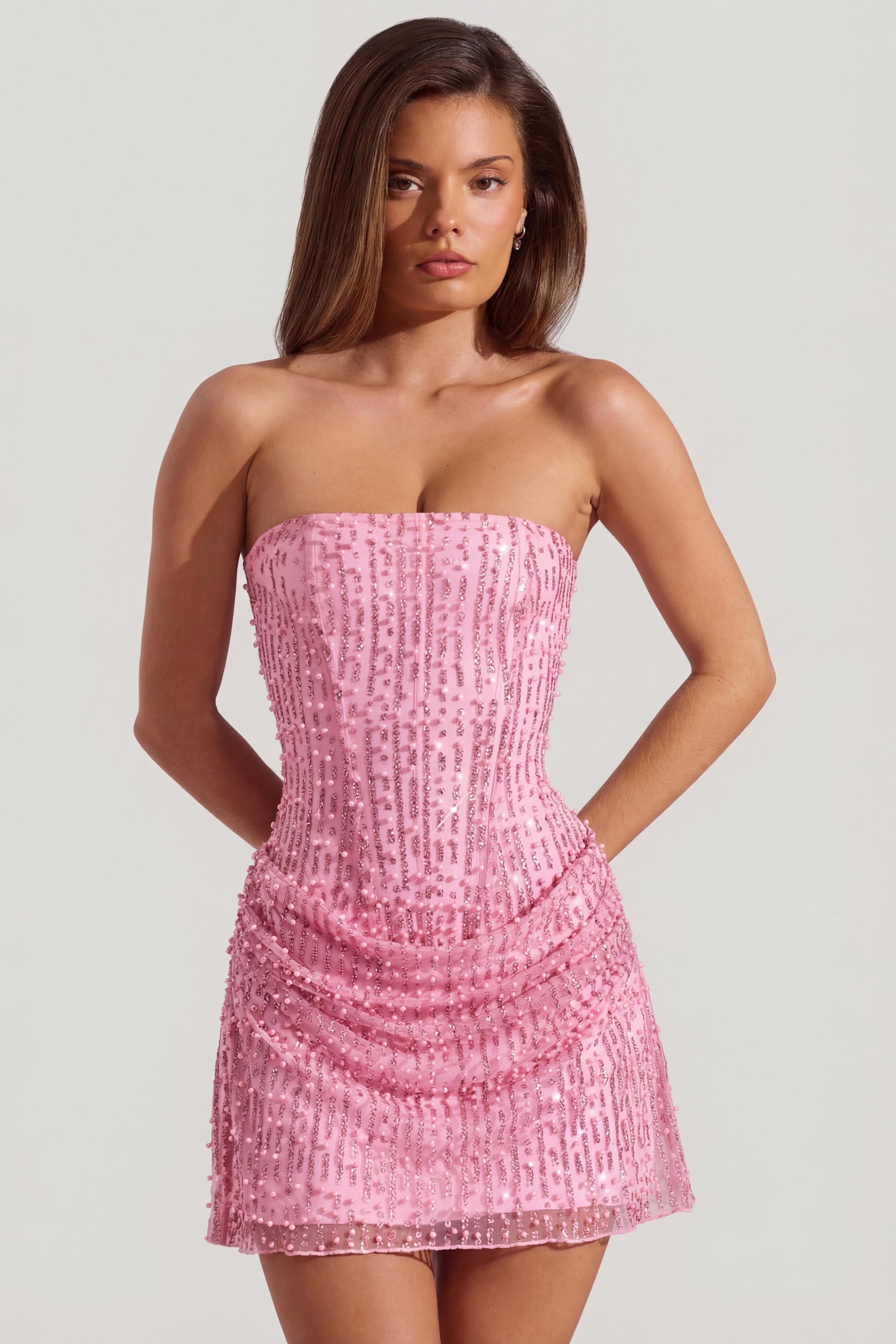 embellished draped strapless a line mini dress in pink Embellished Draped Strapless A-Line Mini Dress in Pink
