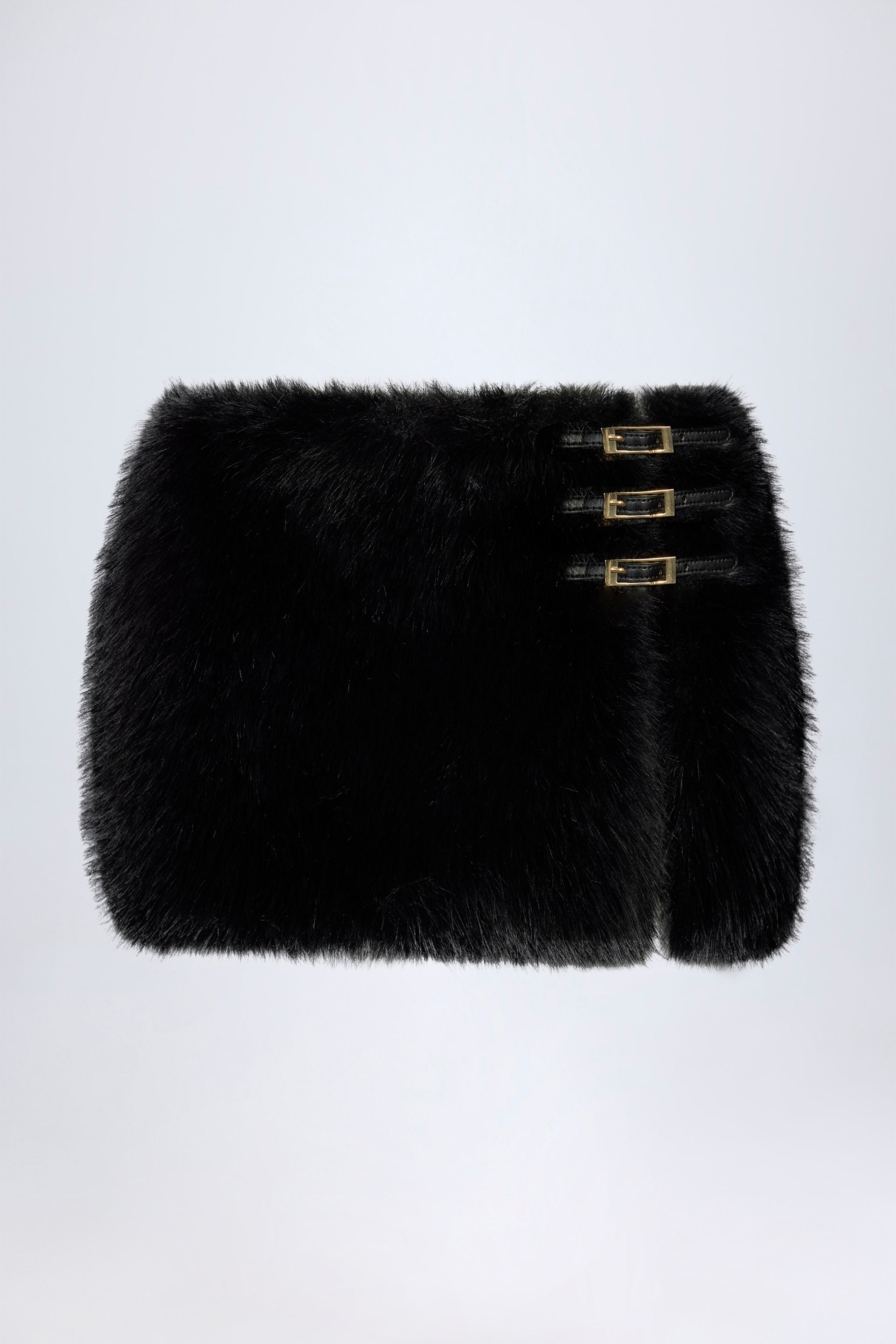 Buckle-Detail Faux Fur Micro Mini Skirt in Black