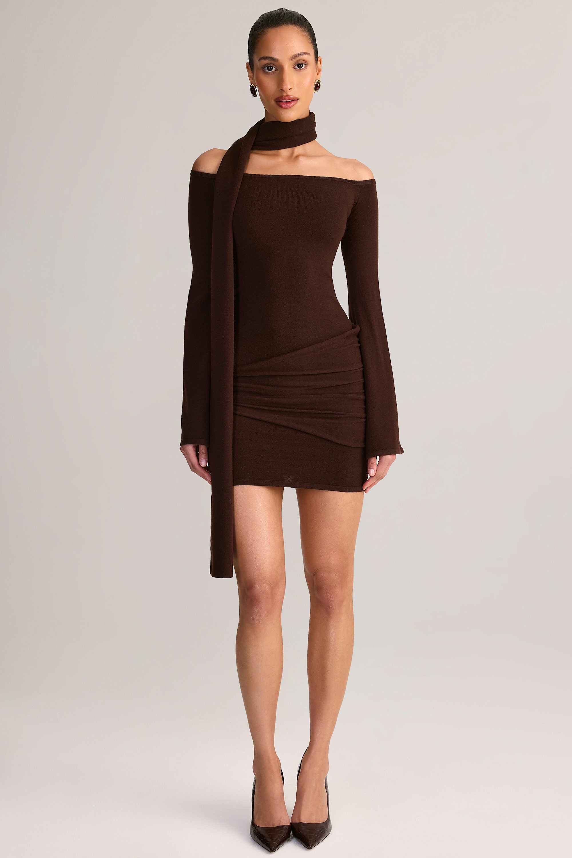 Knit Scarf-Detail Off-Shoulder Mini Dress in Chocolate Brown