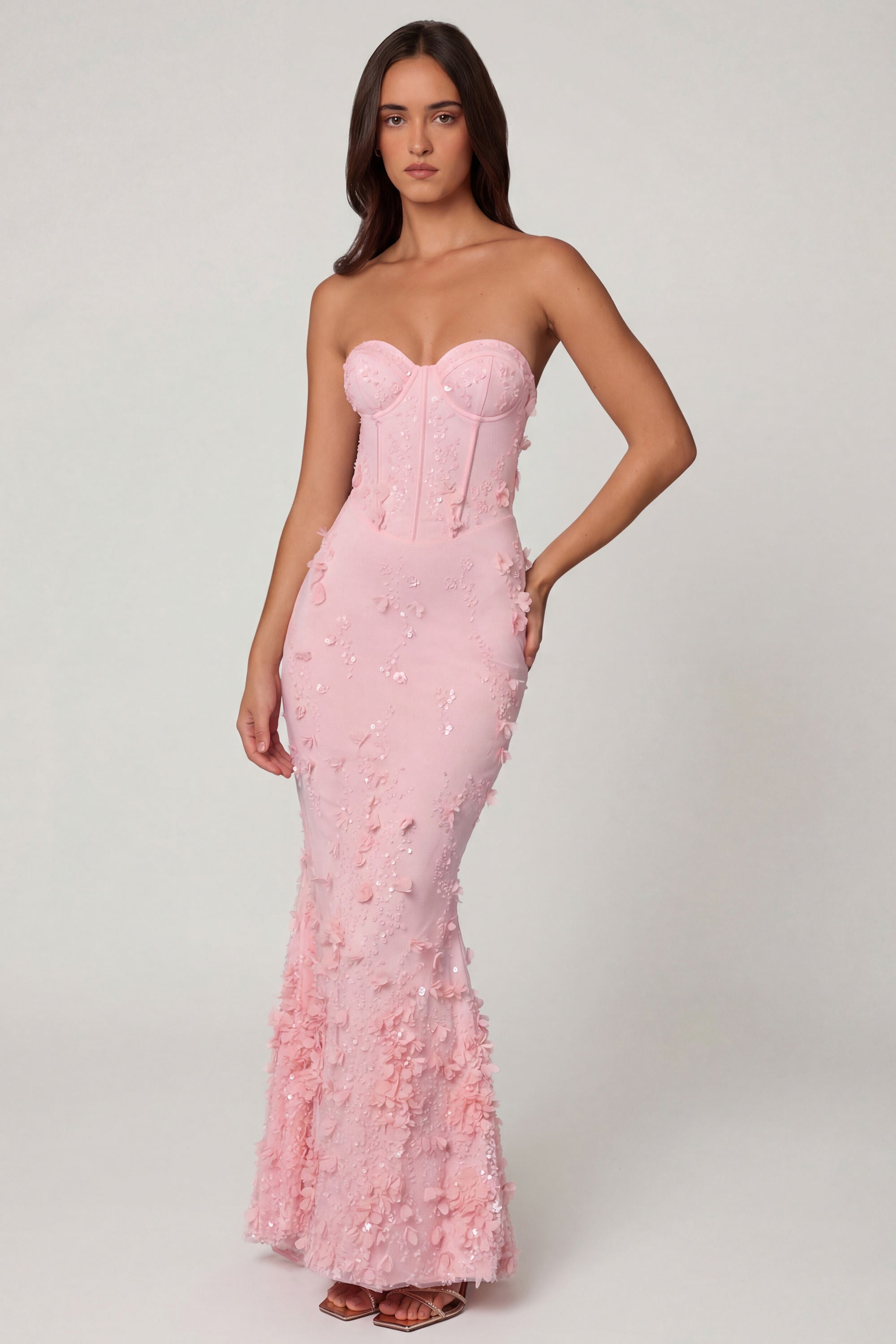 charmaine blush pink corset maxi dress Amal Lace-Up Corset Maxi Dress in Soft Pink
