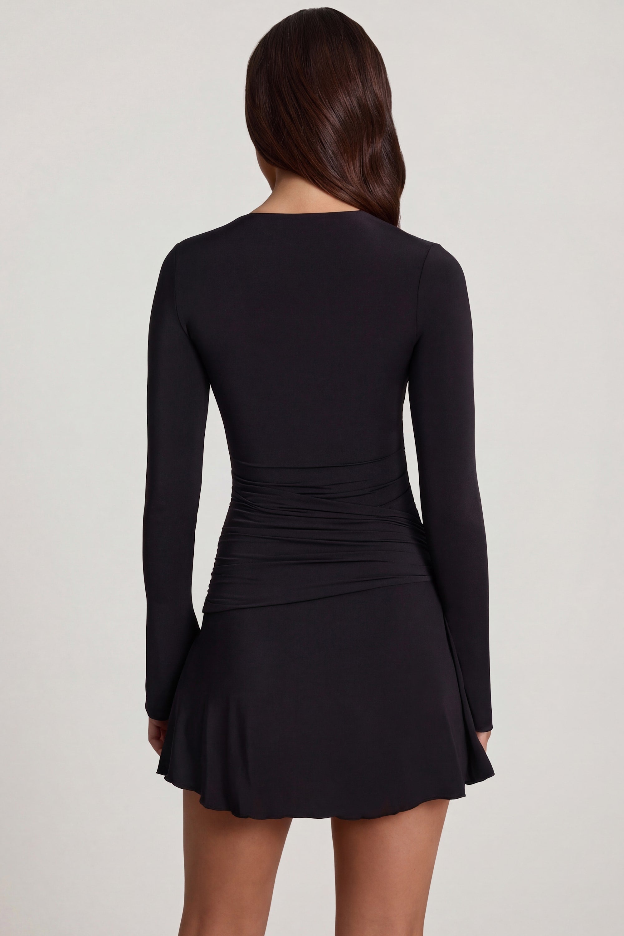 Carielle Ruched Long-Sleeve A-Line Mini Dress in Black