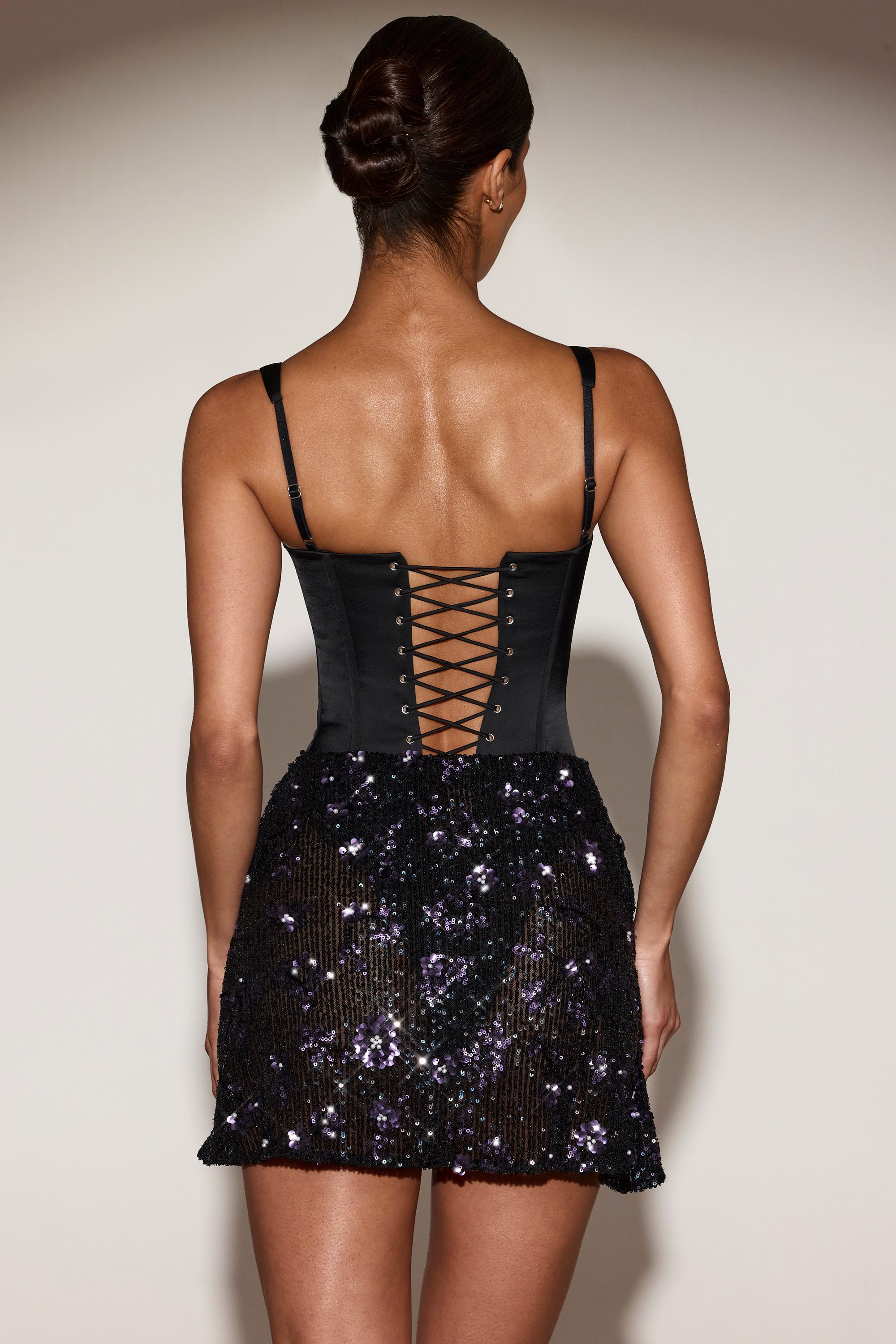 Eira Embellished Draped Corset Mini Dress in Black Purple