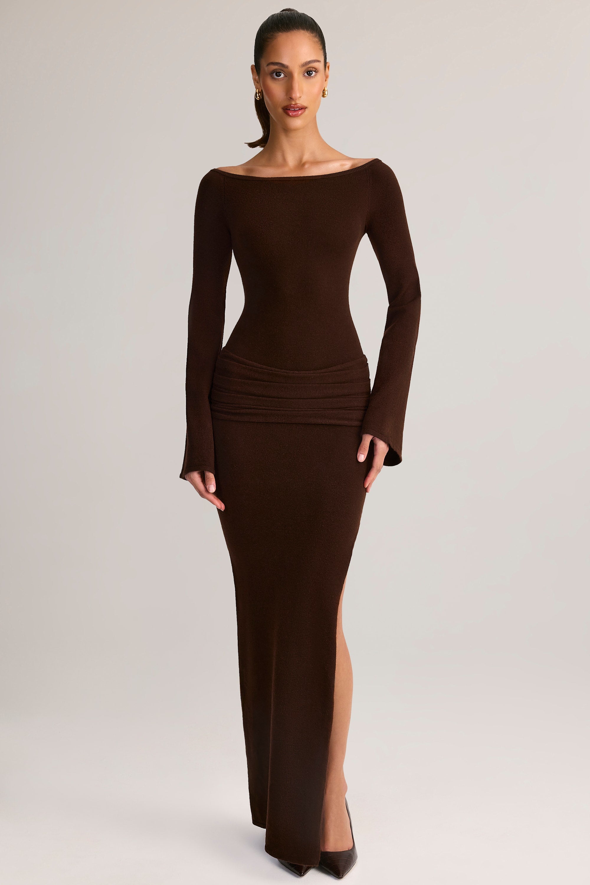 boat neck long sleeve dress Green Beaded Gown Accessorise with strappy black heels and understated jewellery for a refined look. Isay Ruched Boat-Neck Long-Sleeve Maxi