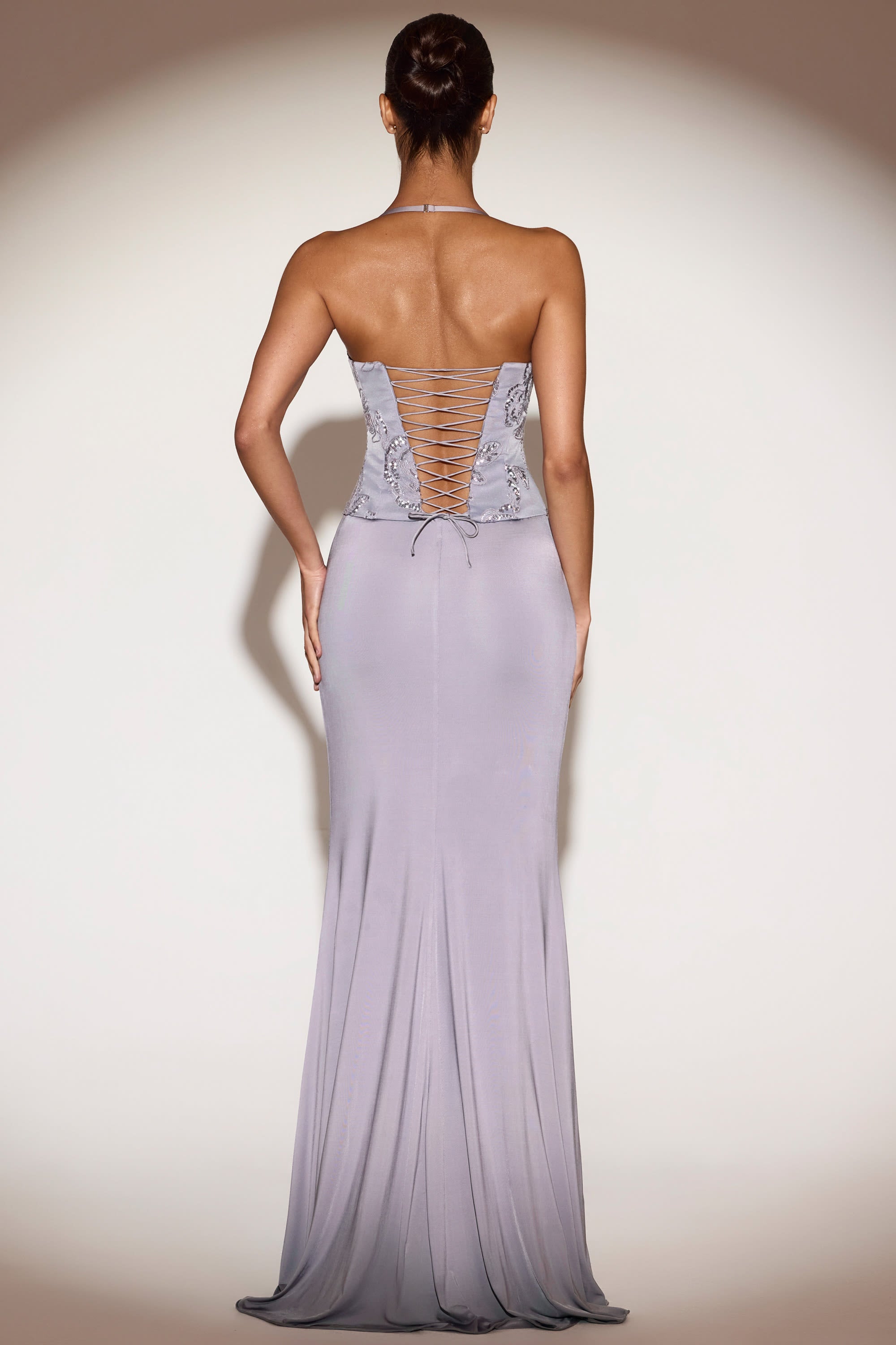 Miravie Embellished Cowl-Neck Ruffled Maxi Dress in Lilac