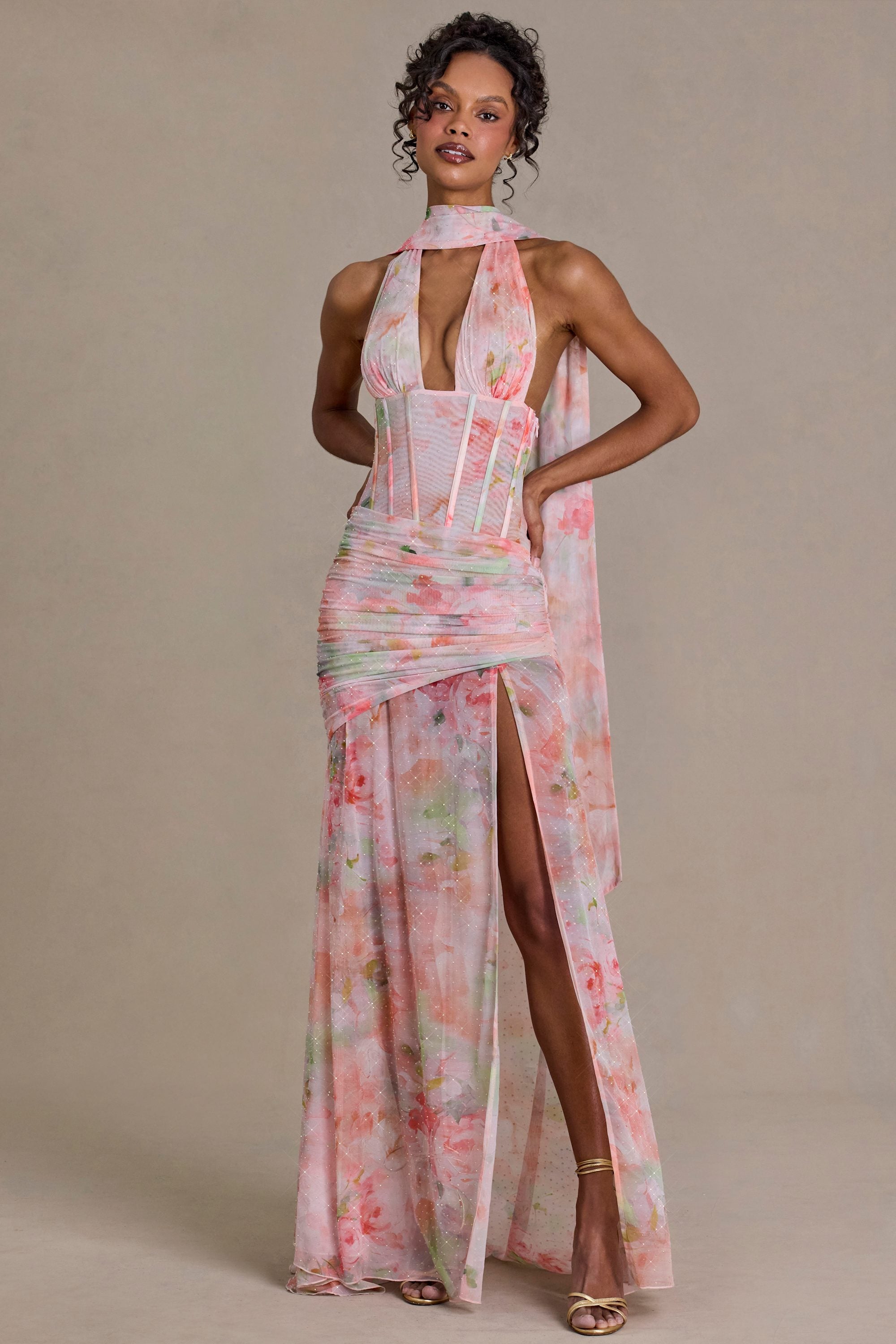 oh polly maxi dress Embellished Scarf-Detail in Pink Floral Print this dress ensures a Burgundy velvet off shoulder Size:Large (10 - 12 - 14) Swim Size_08