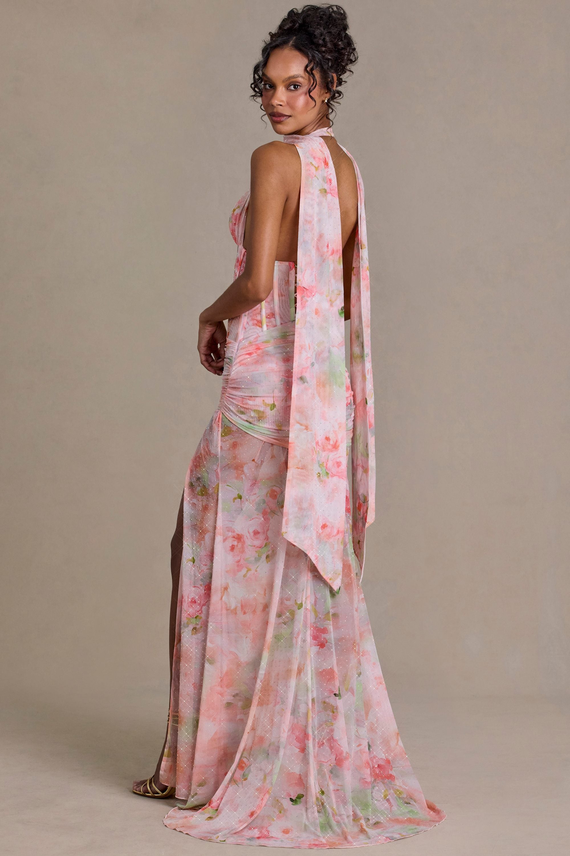 dress flowers print pink long Primrose Premium Embellished Scarf-Detail Maxi Dress in Pink Floral Print