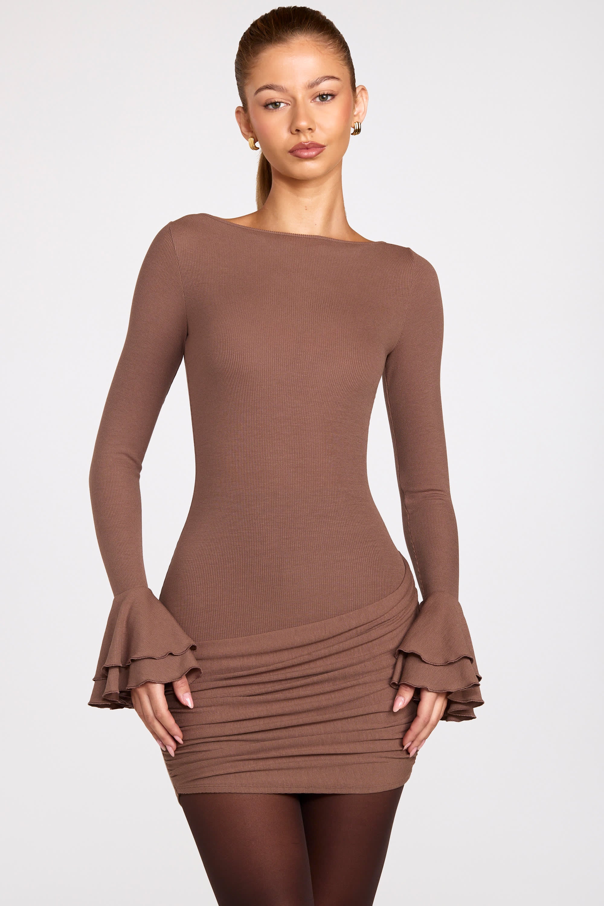 Helena Modal Long-Sleeve Draped Mini Dress in Mocha