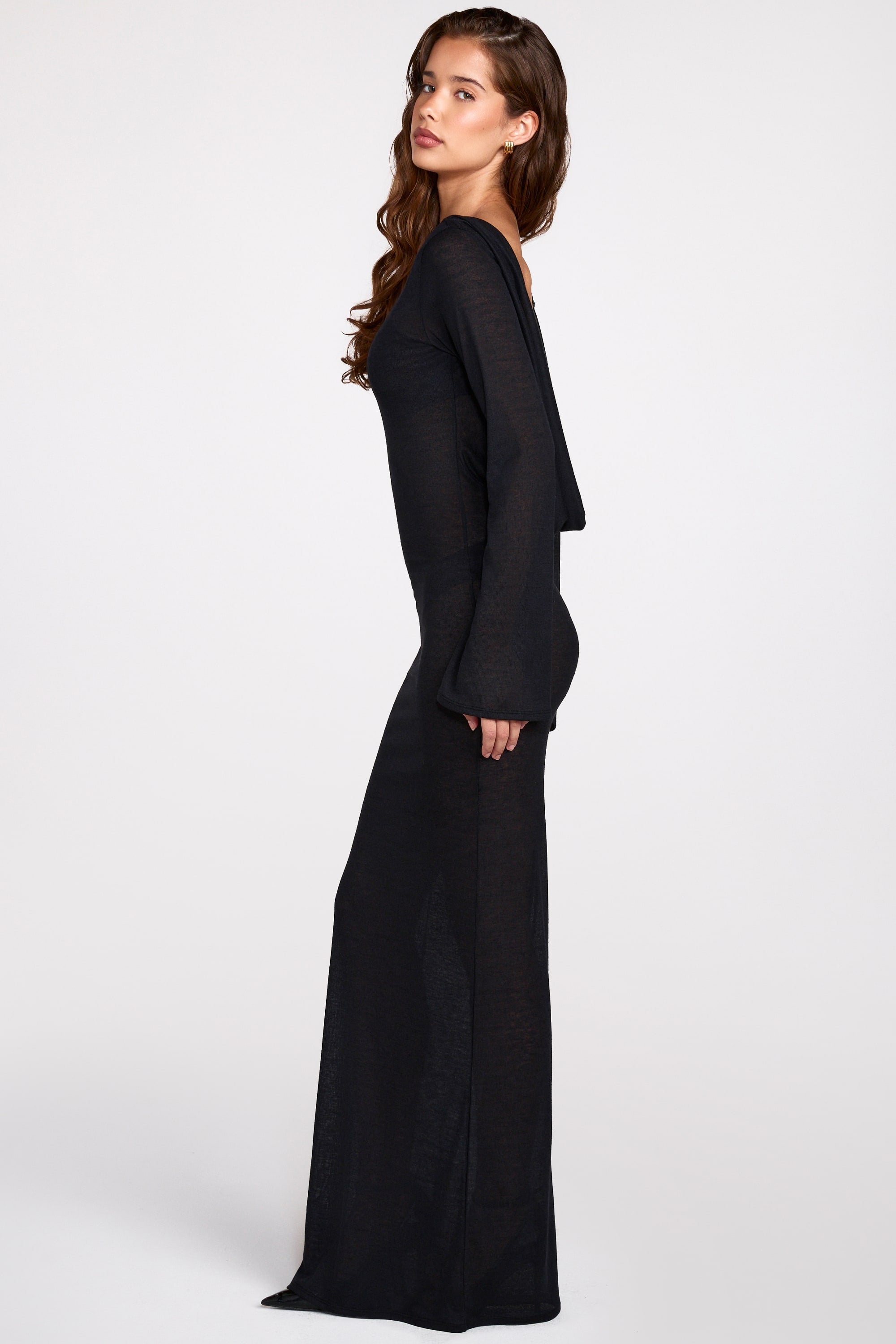 Frances Knit Long-Sleeve Backless Maxi Dress in Black
