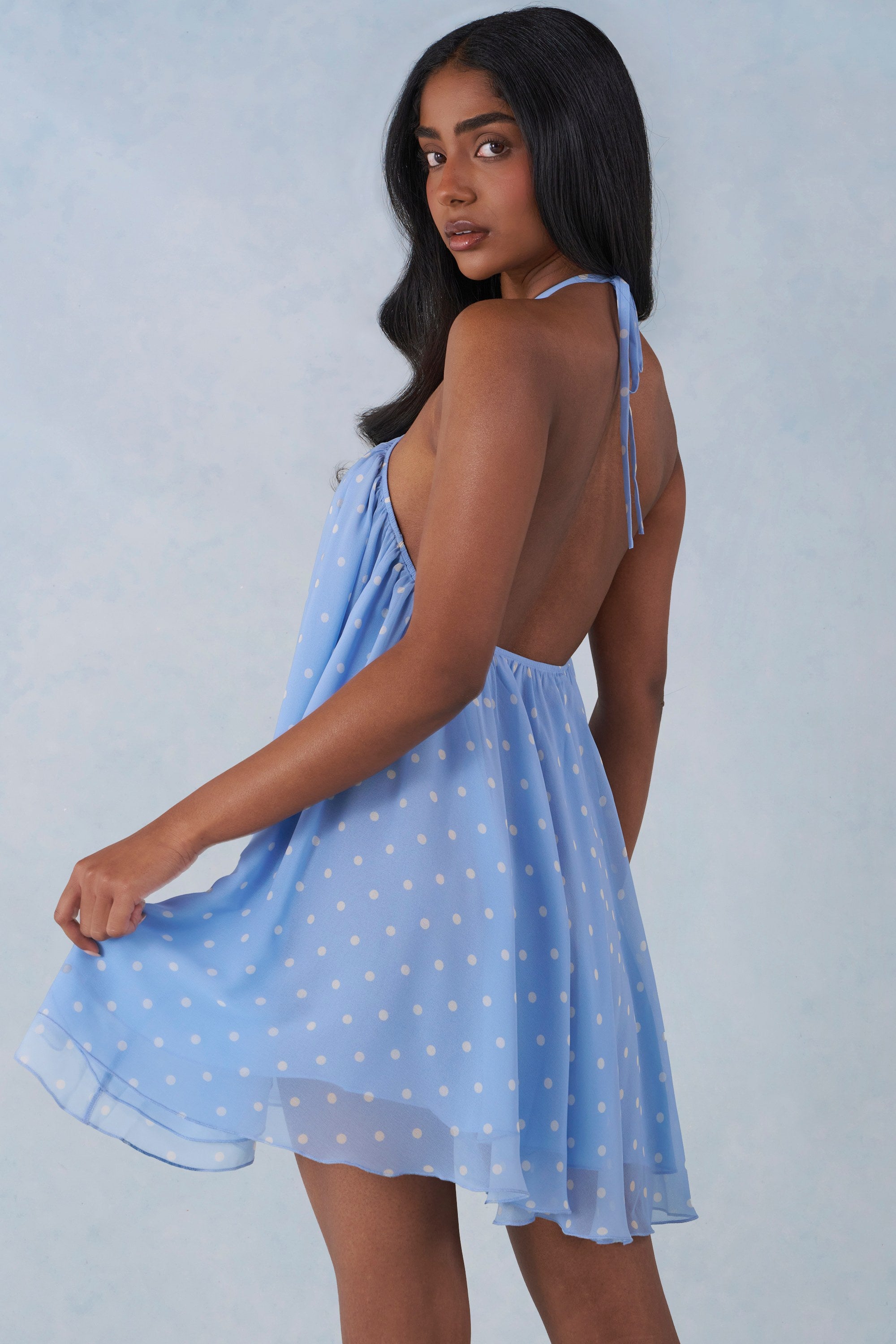 Evania Halterneck Babydoll Mini Dress in Blue Polka Dot