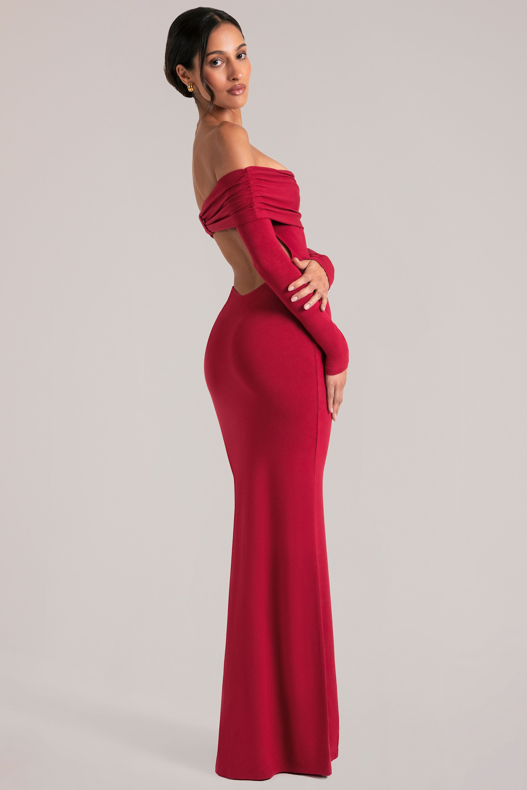 genie maxi dress off the shoulder dress in red Depny Off-Shoulder Long -Sleeve Maxi Dress in Cherry Red