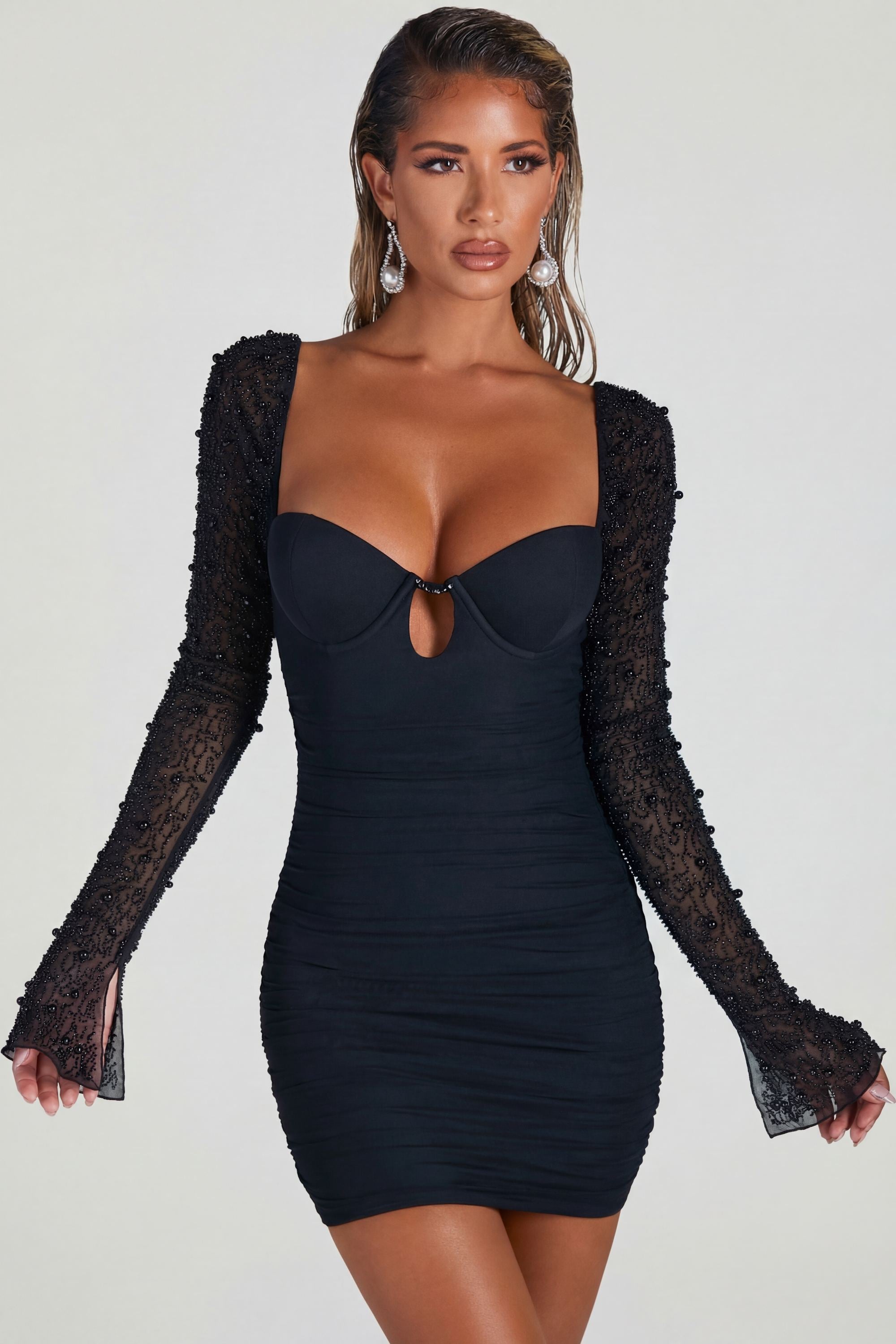 oh polly embellished dress Long Sleeve Mini in Black Memoriesea Women's Ruffle Flared Crafted from a luxurious style_ruched US Size - Made To Order:20W