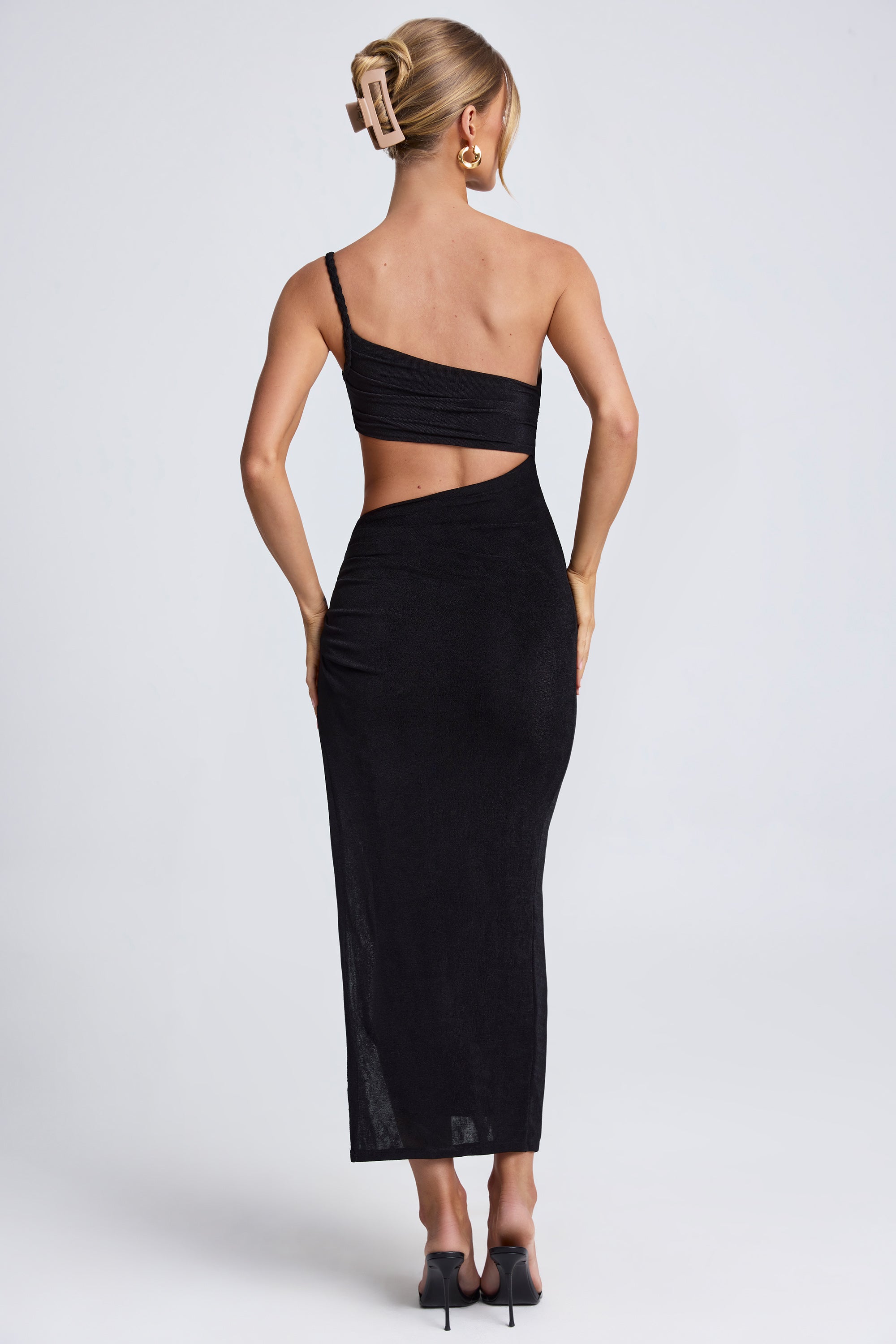 Ishtar One Shoulder Cut Out Maxi Dress in Black Oh Polly
