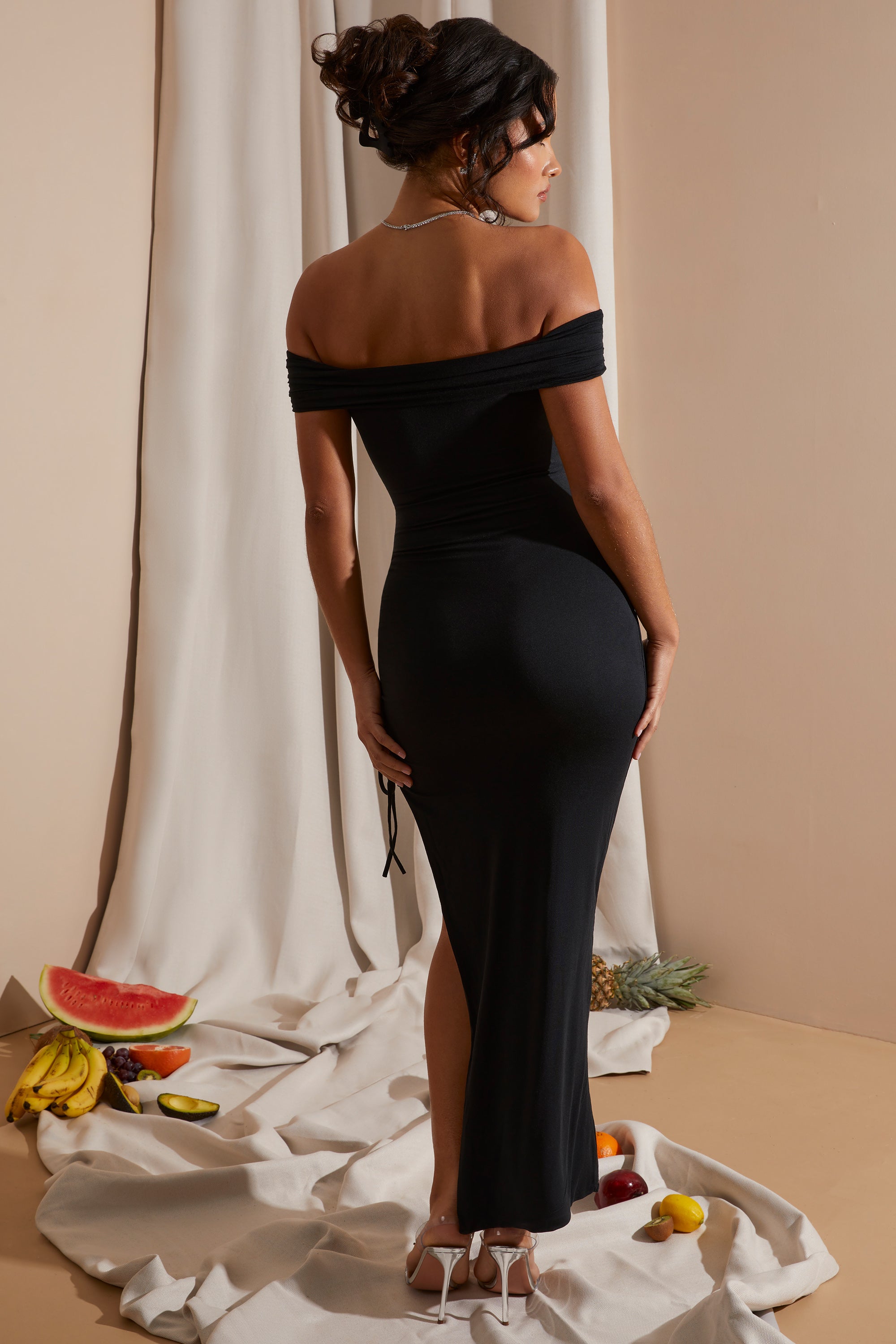 Solange Off The Shoulder Side Ruching High Slit Maxi Dress in