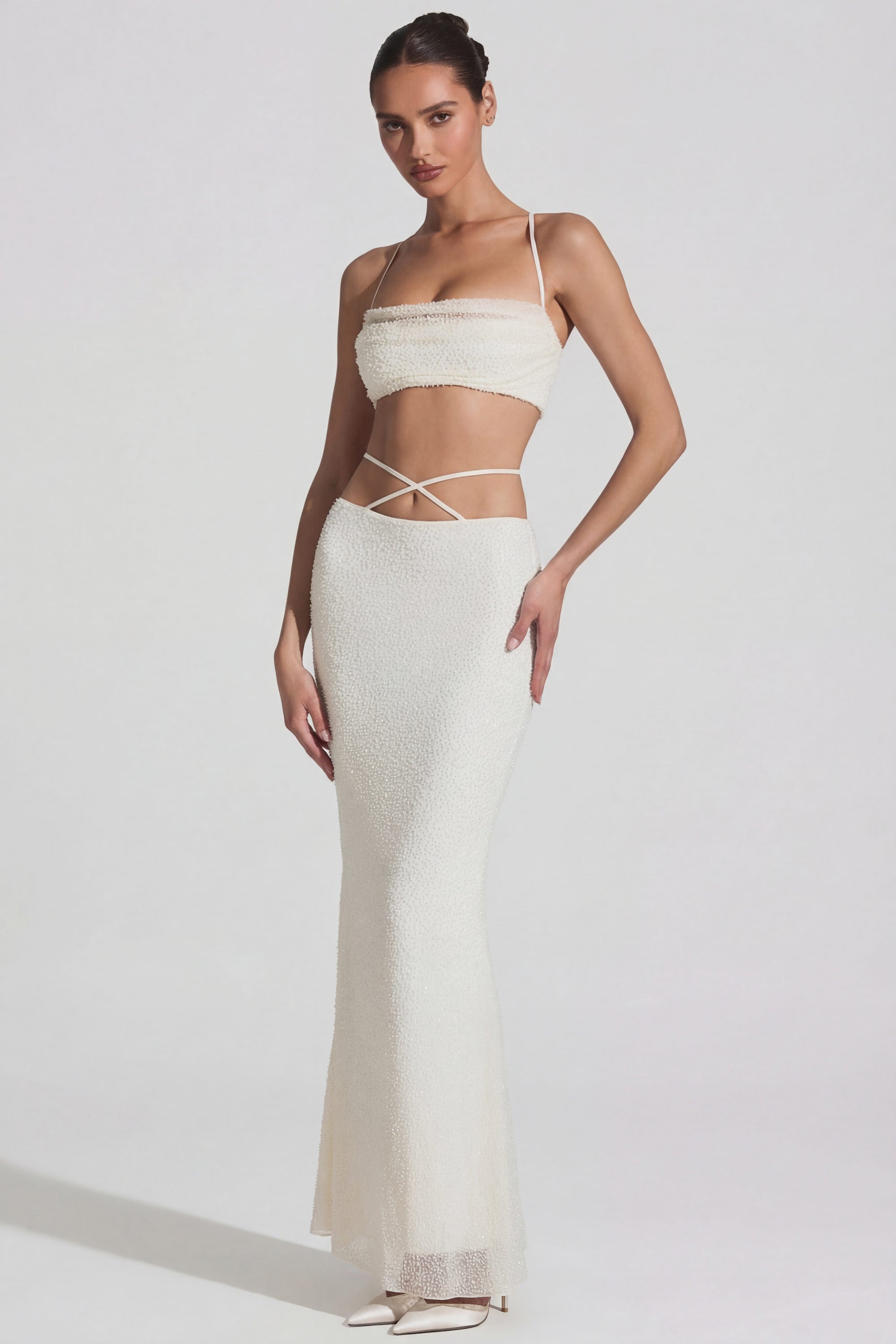 Pisa Embellished Cross Back Crop Top in White | Oh Polly