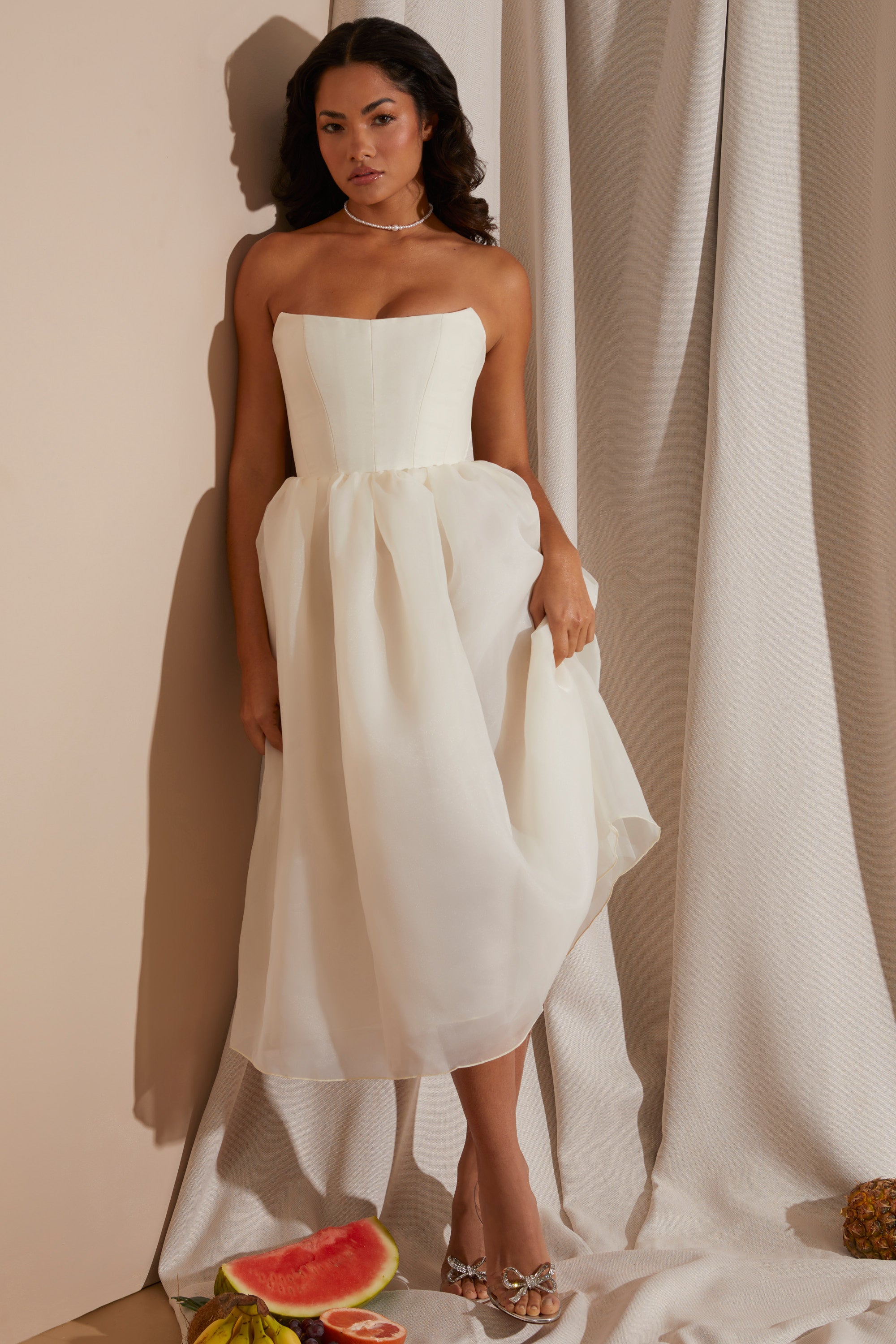 Marise Strapless Corset Tulle Midi Dress in White
