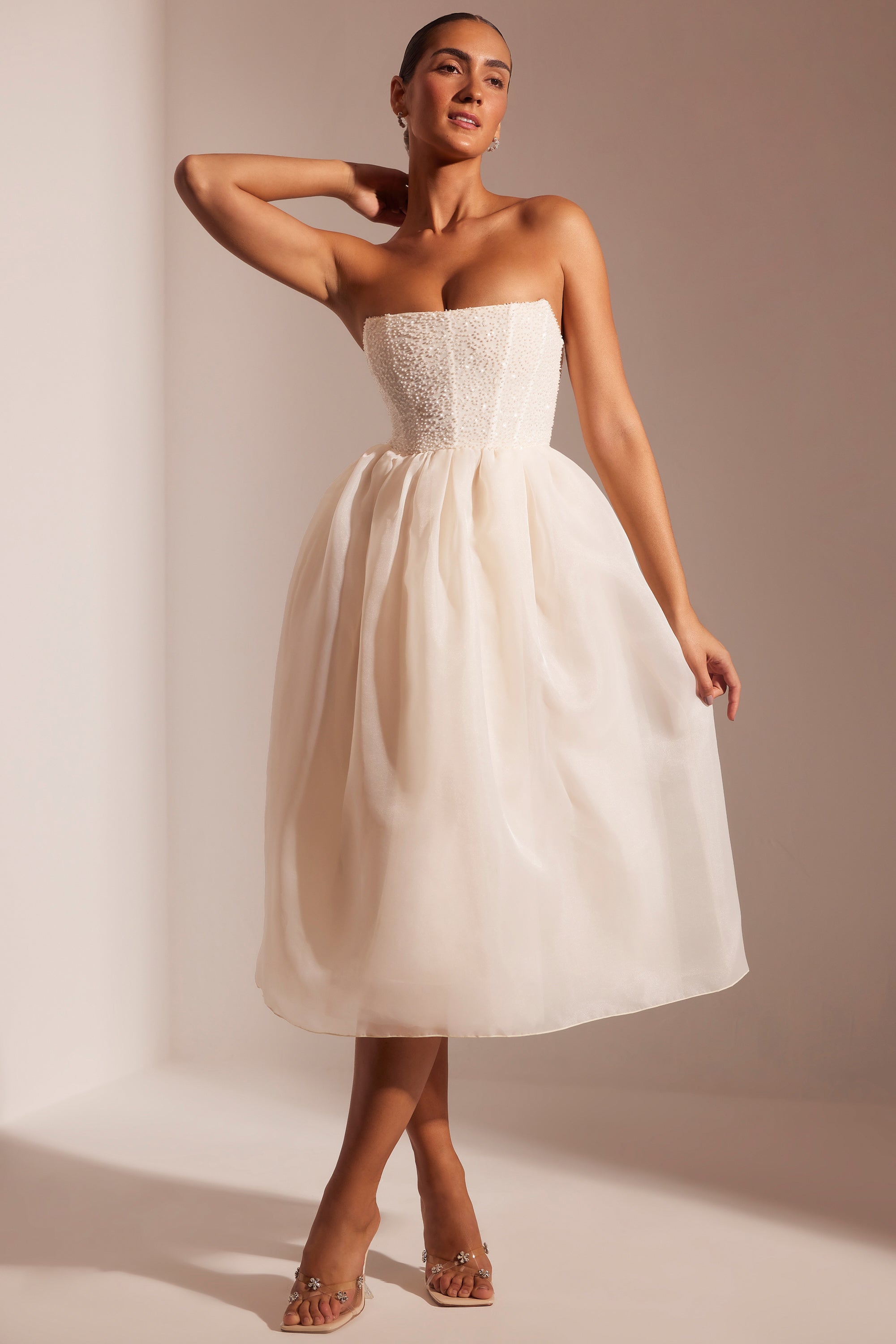 Rosette Embellished Corset Tulle Skirt Midi Dress in Ivory