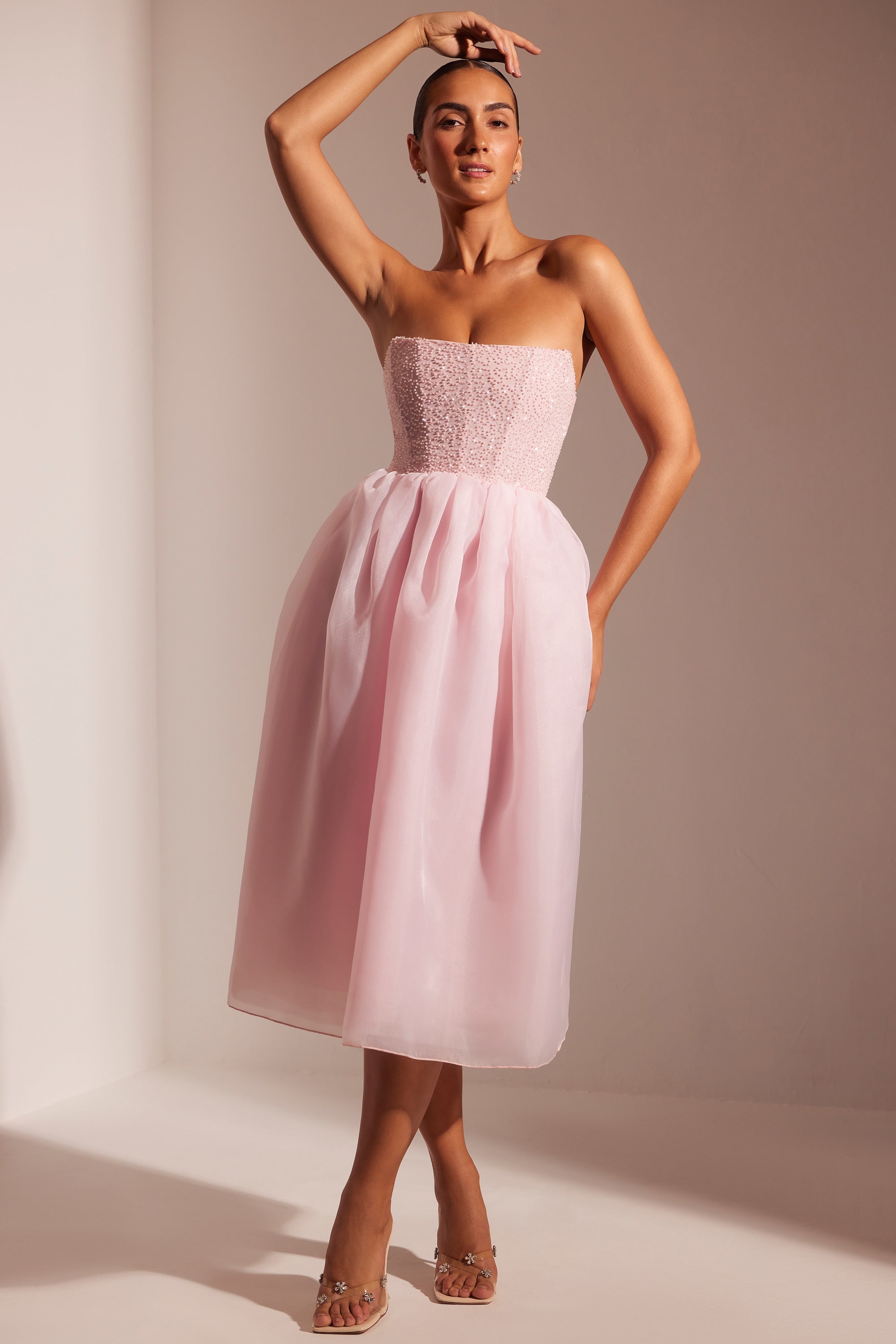 oh polly midi dress Square Neck Long Sleeve in Ivory - 4 complete with bow embellishments at each side Anasia Light Pink Ruched Midi
