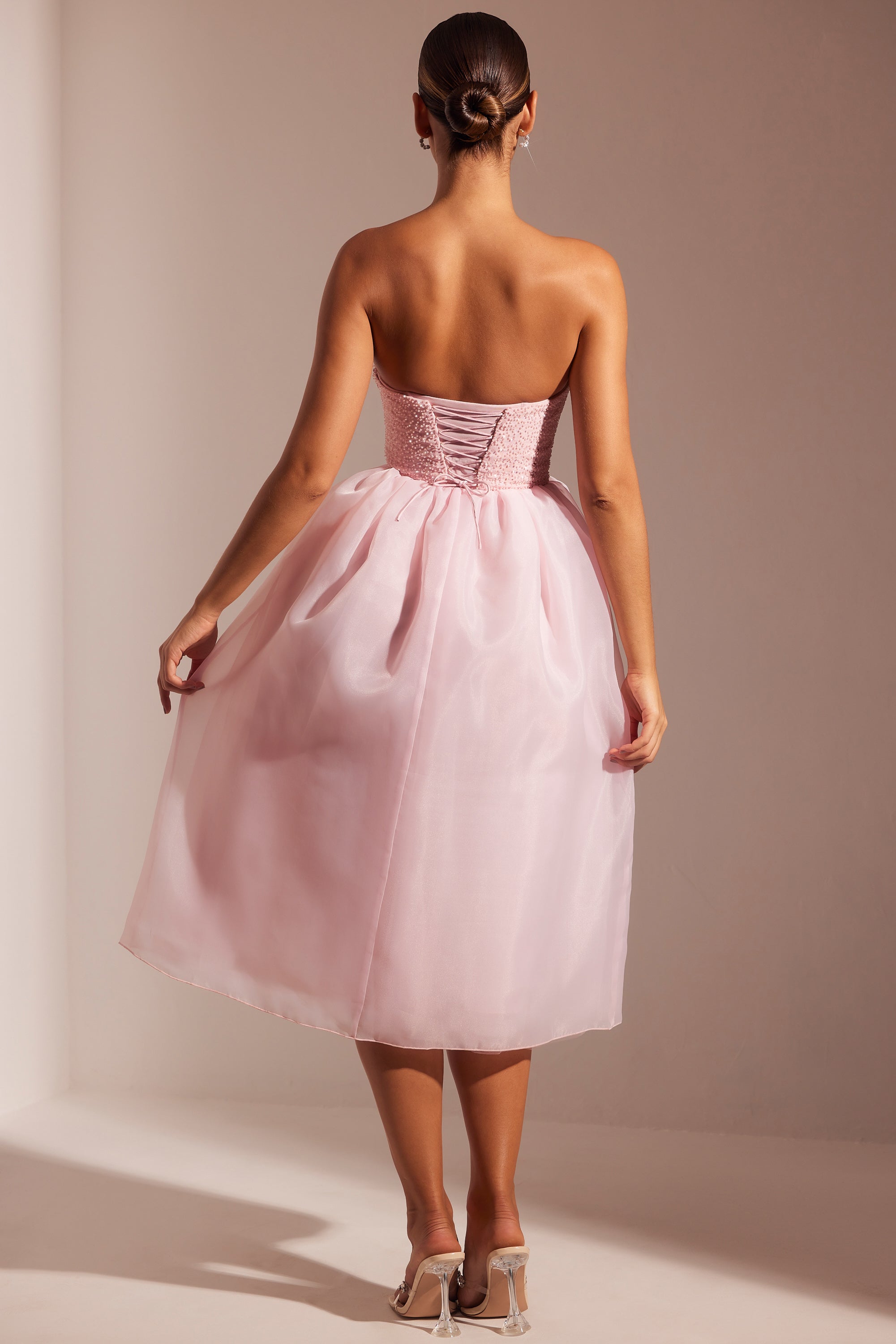 Embellished Corset Tulle Skirt Midi Dress in Blush Embellished Corset Tulle Skirt Midi Dress in Blush