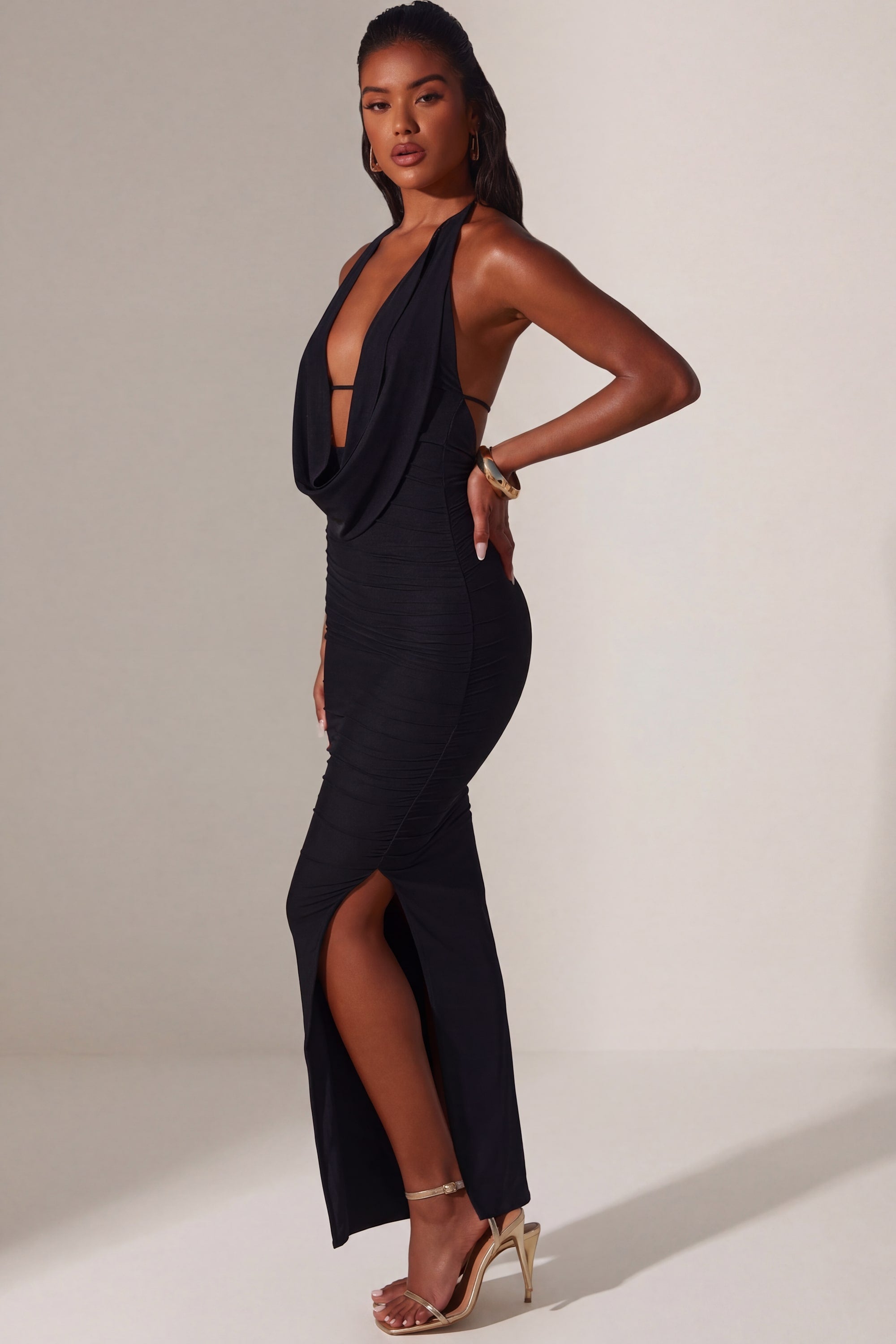 fitted lace wedding dress Mariposa Plunge Cowl Neck Floor Length Dress in Black