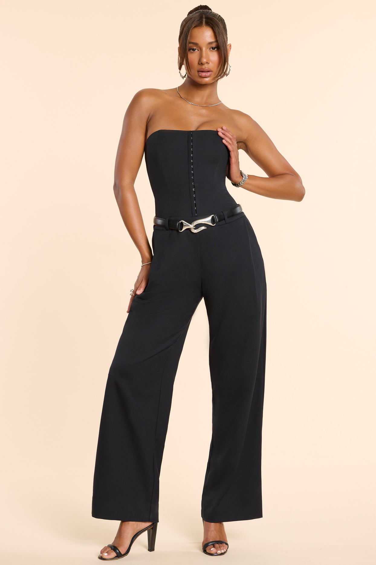 Brushed Twill Bandeau Corset Jumpsuit in Black