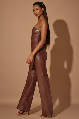 Petite Strapless Wide Leg Vegan Leather Jumpsuit in Brown