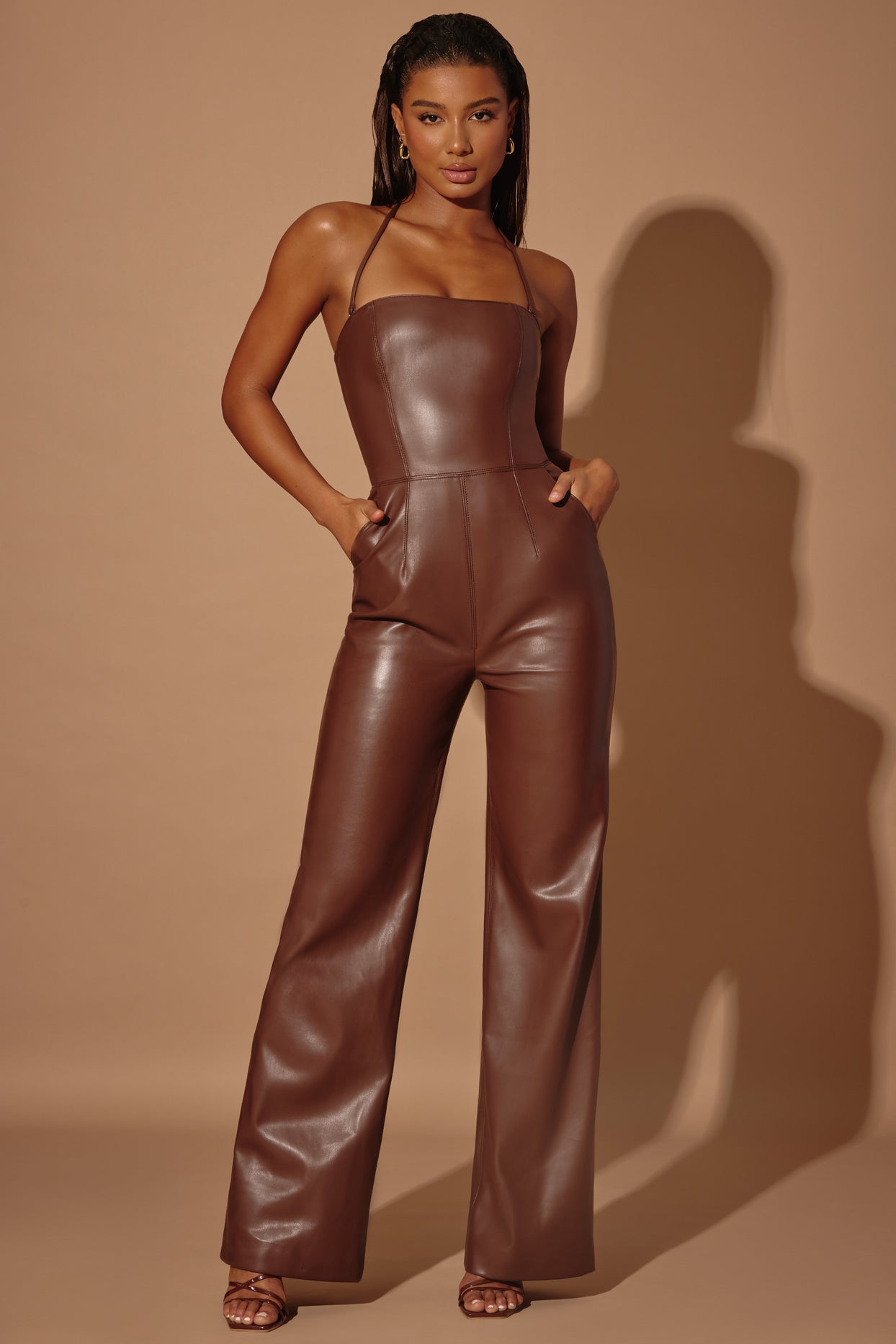 Petite Strapless Wide Leg Vegan Leather Jumpsuit in Brown