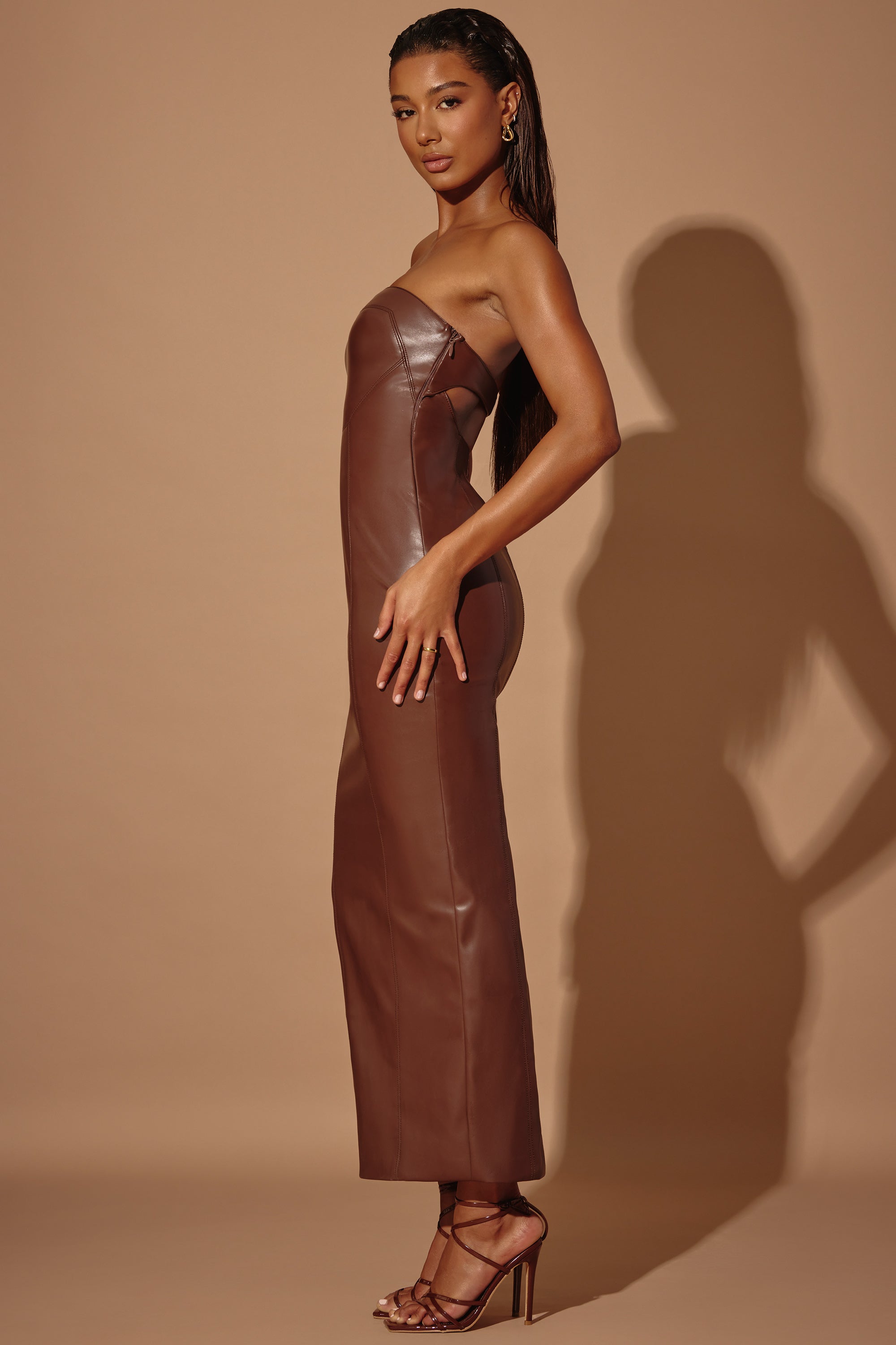 Elegant Dark Brown Maxi Dress Made of Eco-Leather with Square Neckline main image 0