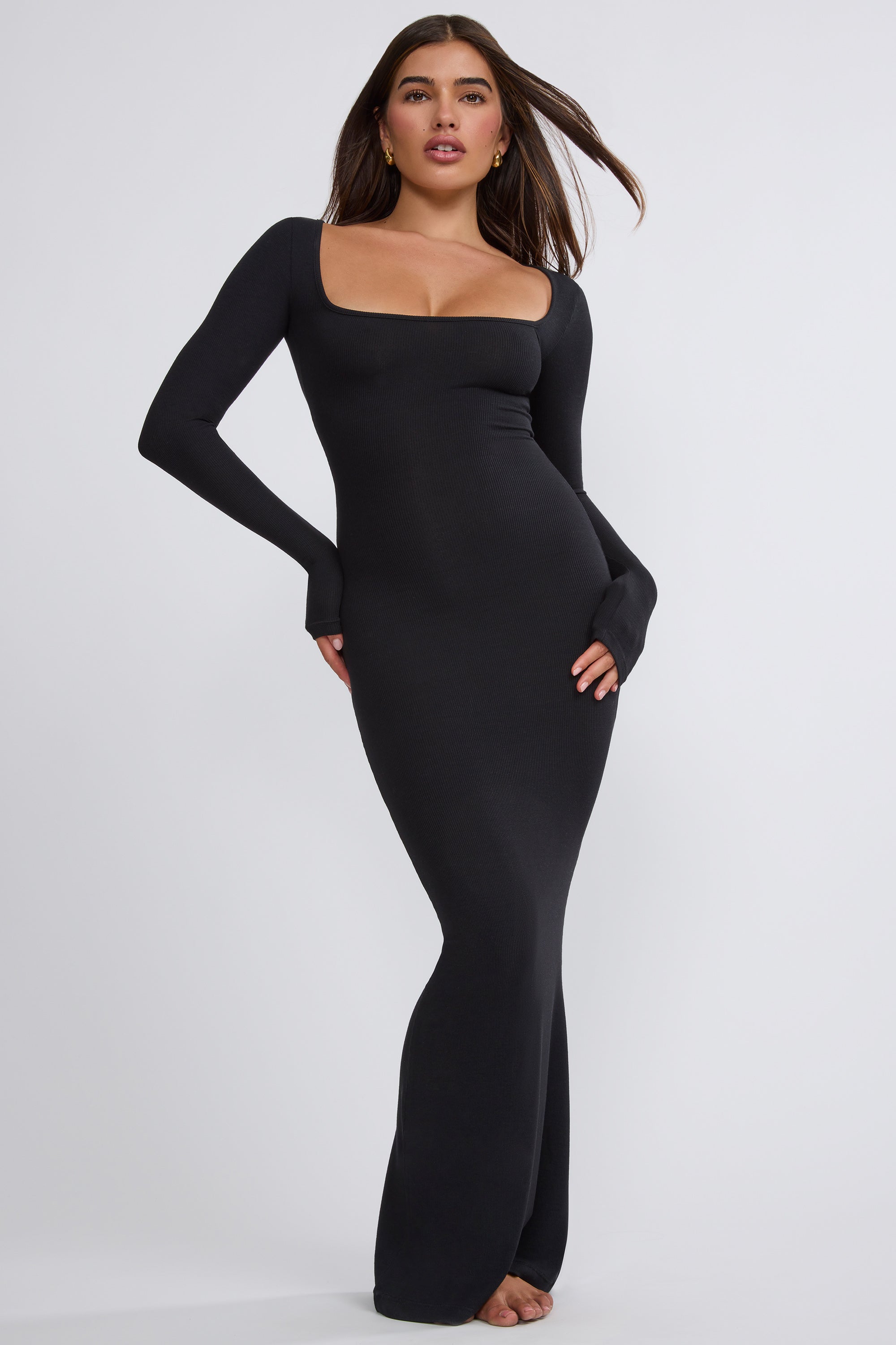 Jude Ribbed Modal Square Neck Long Sleeve Maxi Dress in Black