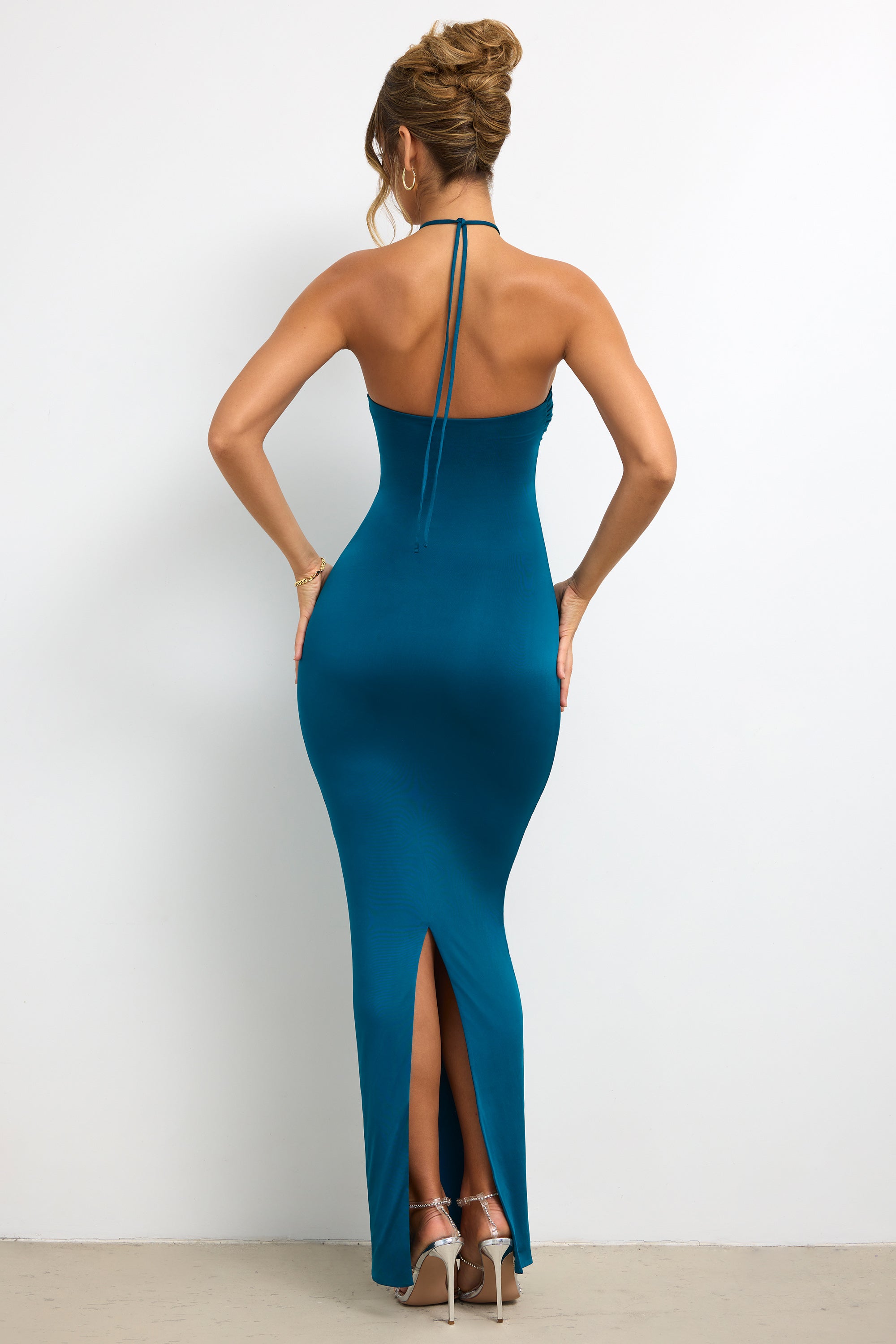 Slinky Jersey Rose Detail Halter Neck Maxi Dress in Dark Teal Slinky Jersey Rose Detail Halter Neck Maxi Dress in Dark Teal