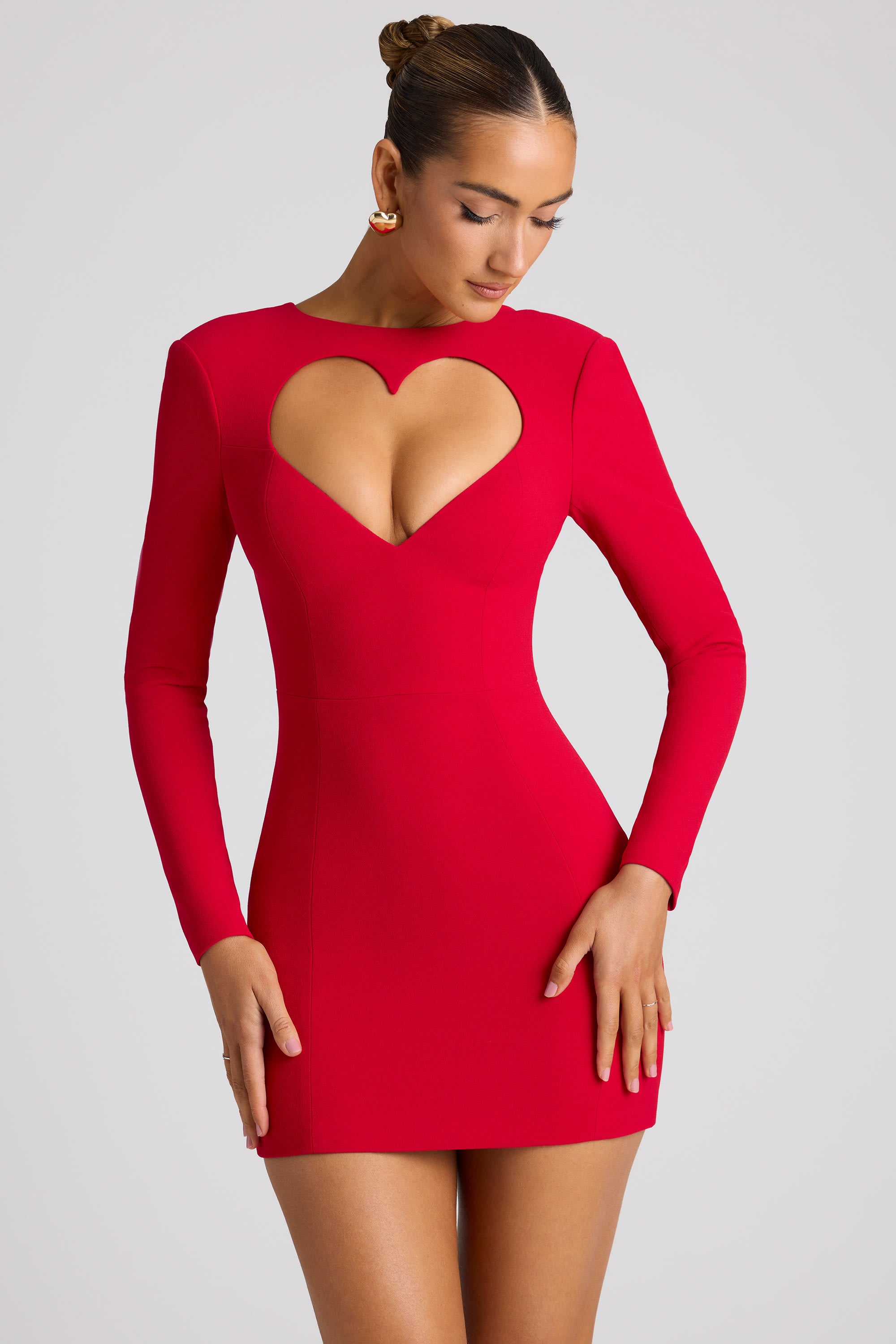 Luciana Heart Cut Out Long Sleeve Mini Dress in Fire Red