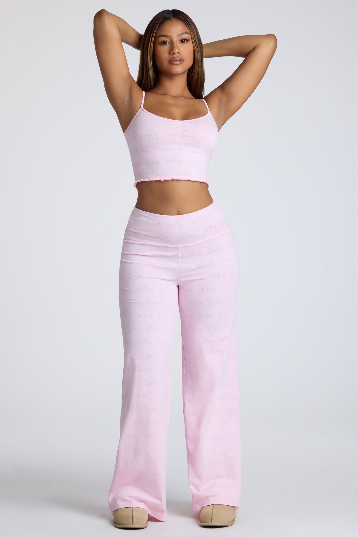 Mid Rise Straight Leg Pointelle Trousers in Baby Pink