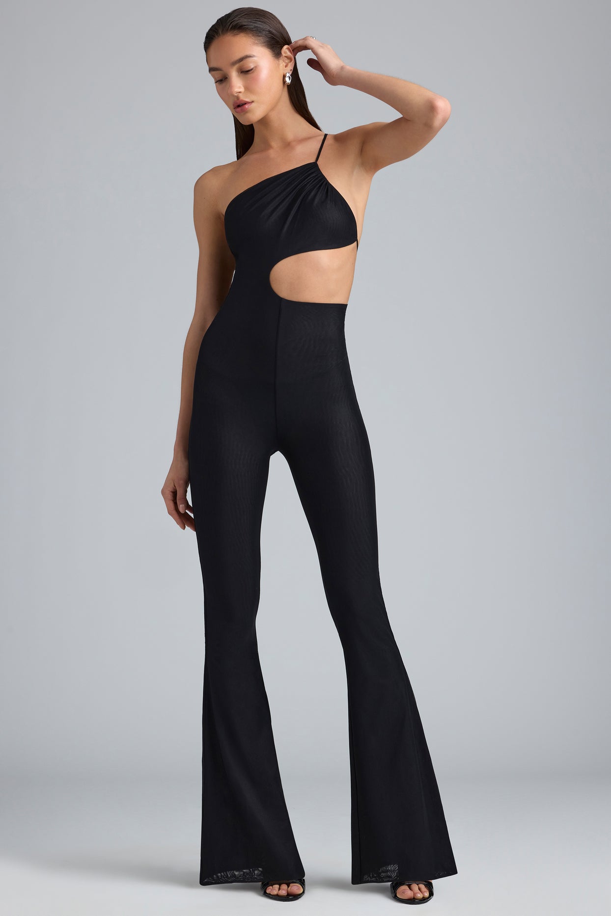 Metallic Ruched Cut-Out Flared Jumpsuit in Black