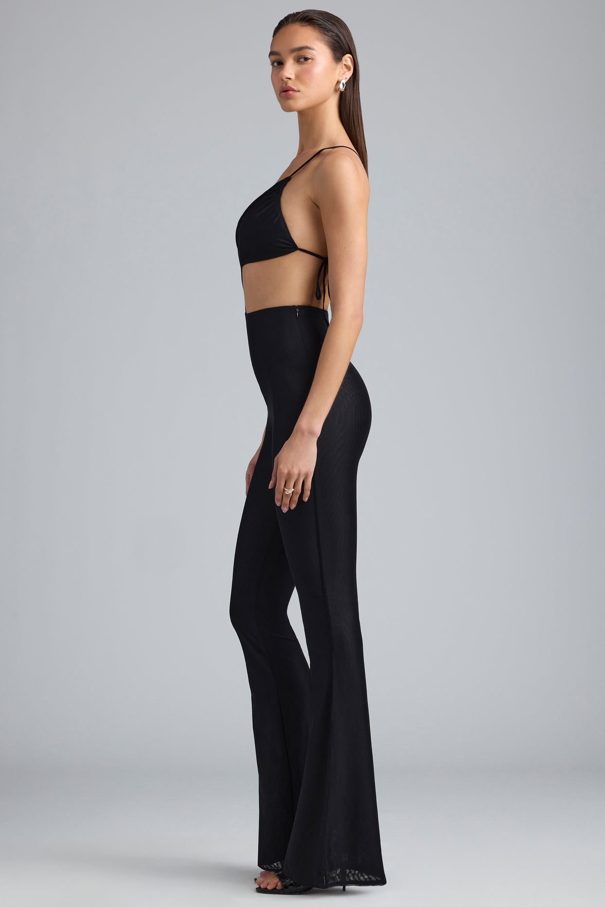 Metallic Ruched Cut-Out Flared Jumpsuit in Black