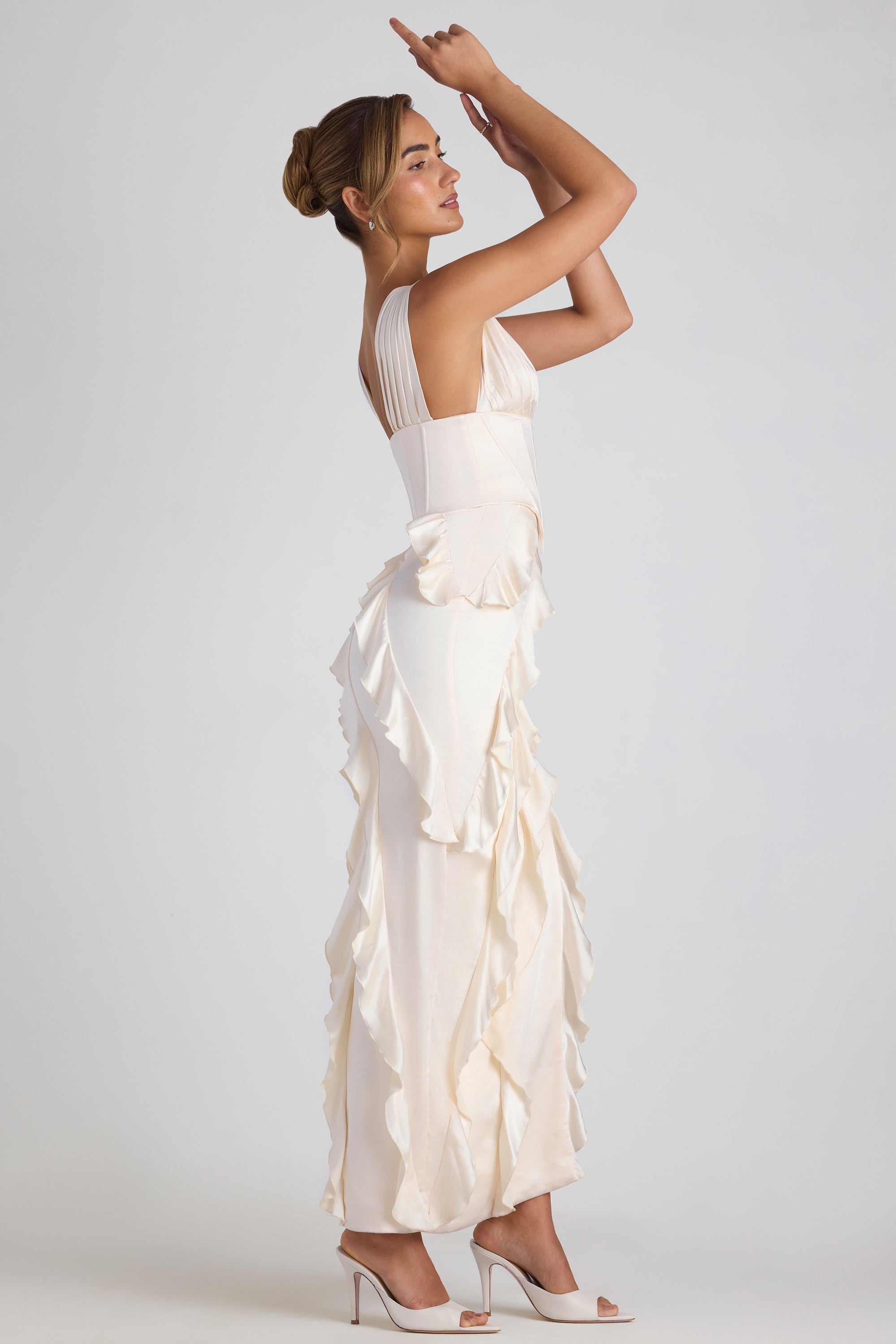 Ambrosia Ruffle-Trim Corset Maxi Dress in Ivory