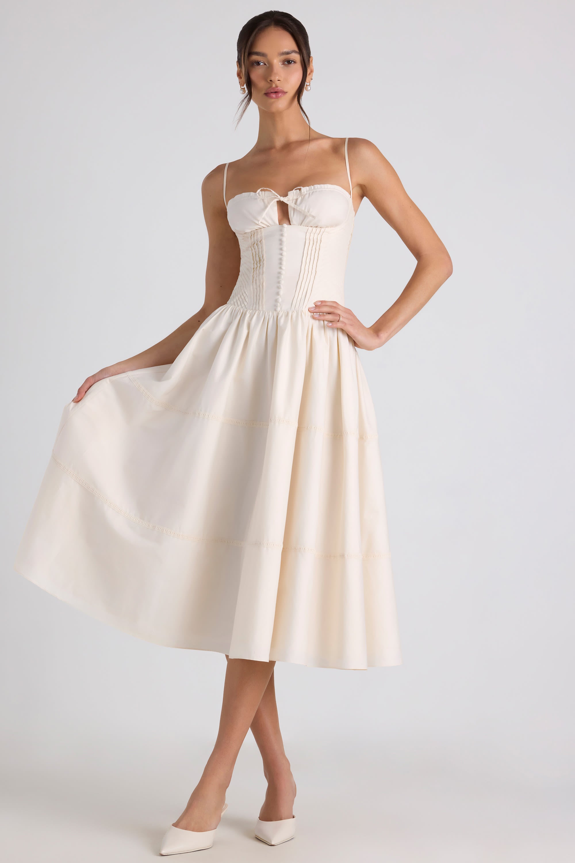 strapless open back dress Esmeralda Lace-Trim Pintucked Poplin Midaxi Dress in Ivory