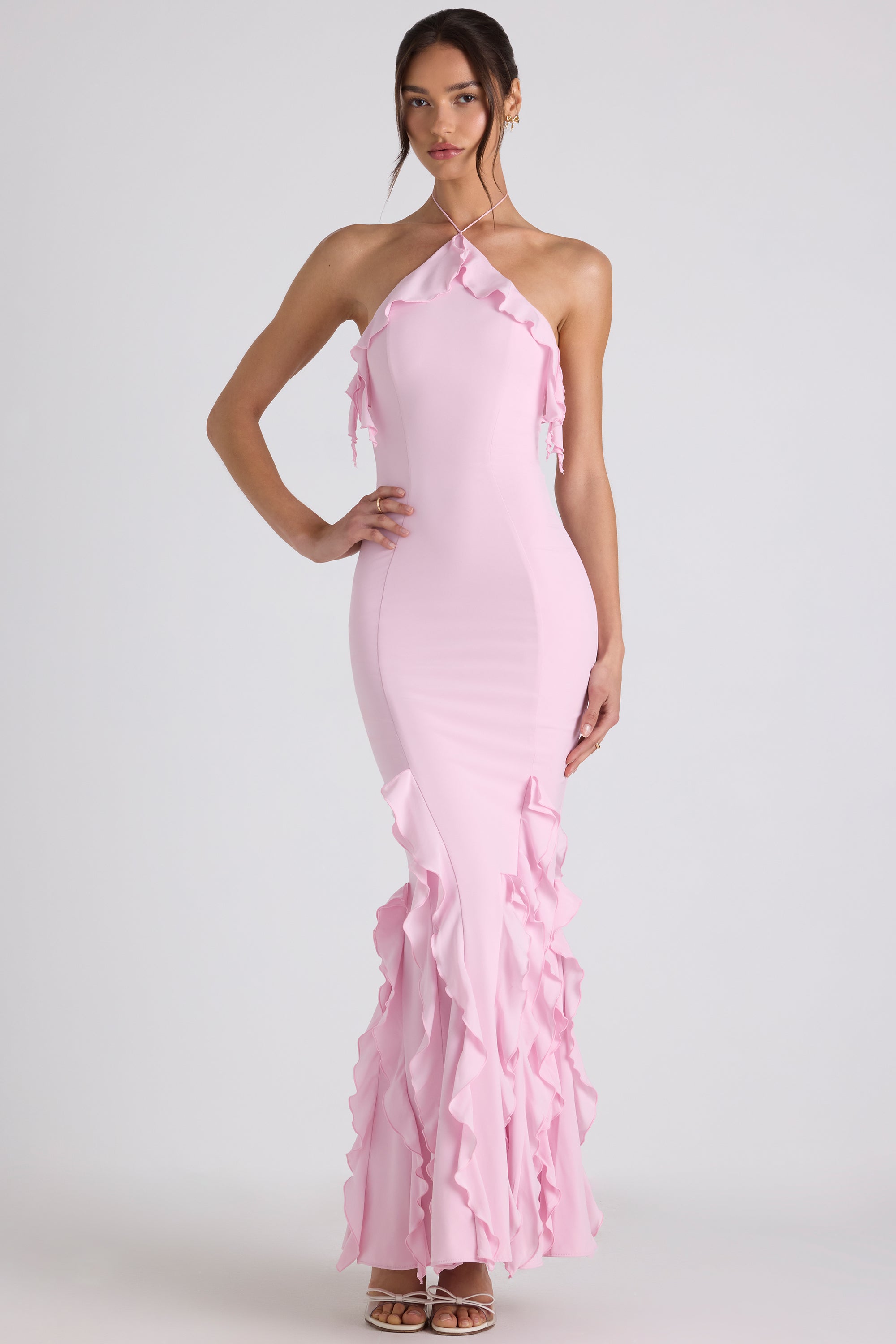 Mireya Ruffle-Trim Halterneck Gown in Soft Pink | Oh Polly Mireya Ruffle-Trim Halterneck Gown in Soft Pink | Oh Polly